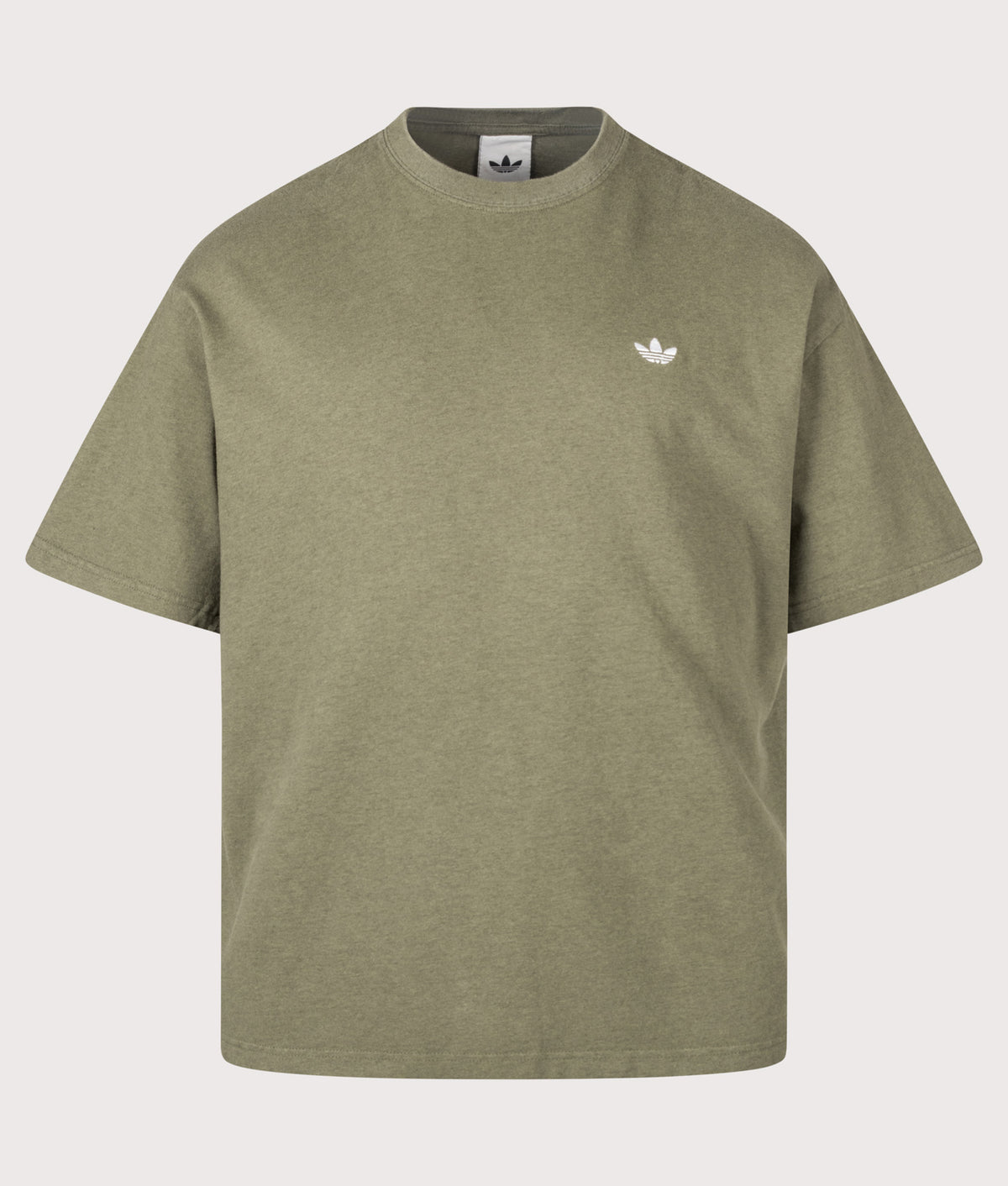 adidas Originals Loose Fit Trefoil Essentials Washed T-Shirt in Olive Strata at EQVVS Menswear. Front shot.