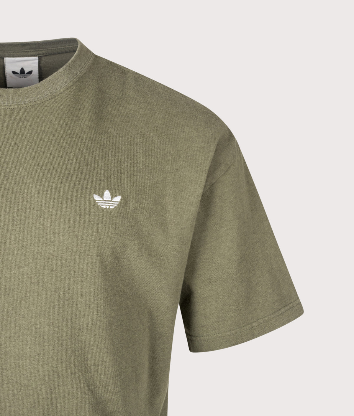 adidas Originals Loose Fit Trefoil Essentials Washed T-Shirt in Olive Strata at EQVVS Menswear. Detail shot.