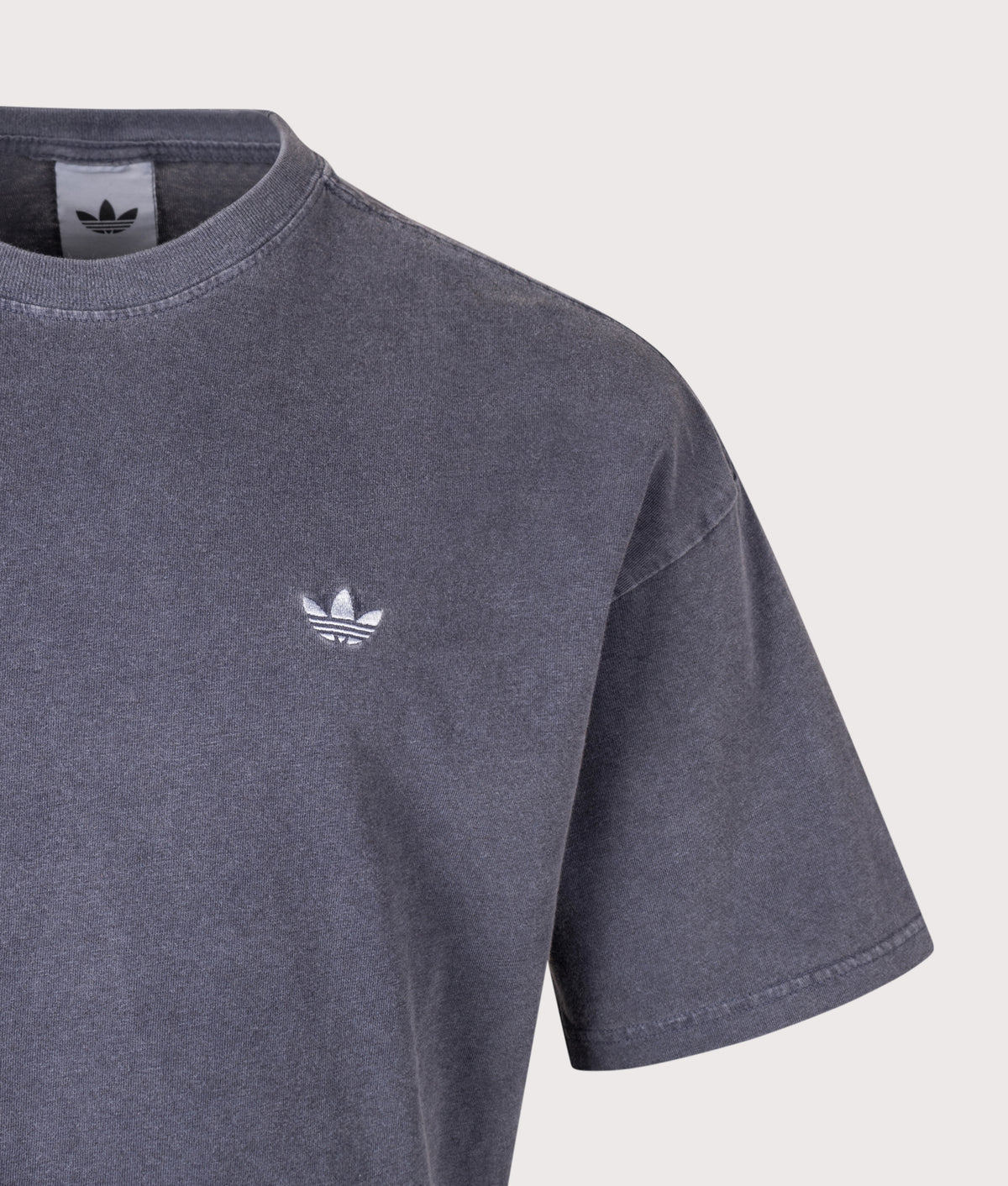adidas Originals Loose Fit Trefoil Essentials Washed T-Shirt in Dark Blue at EQVVS Menswear.  Detail shot.