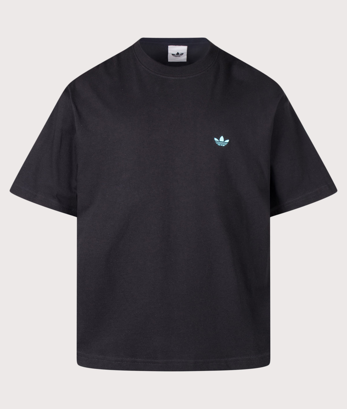 adidas Originals Oversized Trefoil Essentials T-Shirt in Black and Samba Blue at EQVVS Menswear. Front shot.