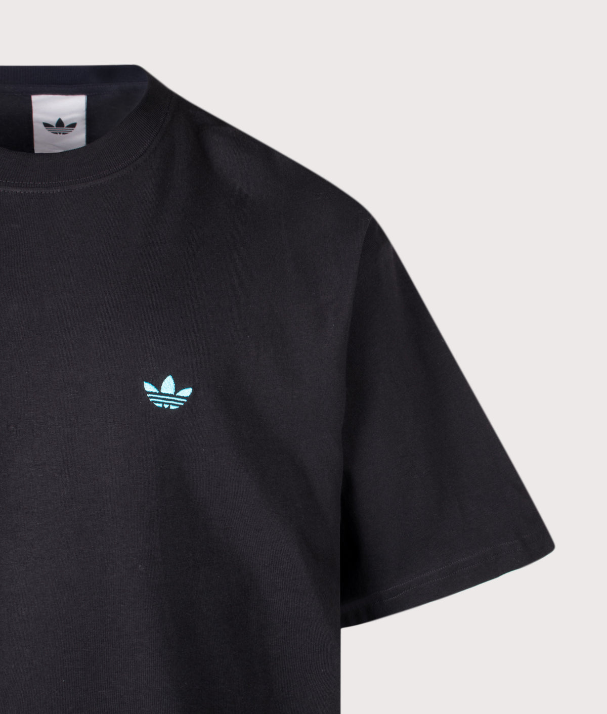 adidas Originals Oversized Trefoil Essentials T-Shirt in Black and Samba Blue at EQVVS Menswear. Detail shot.