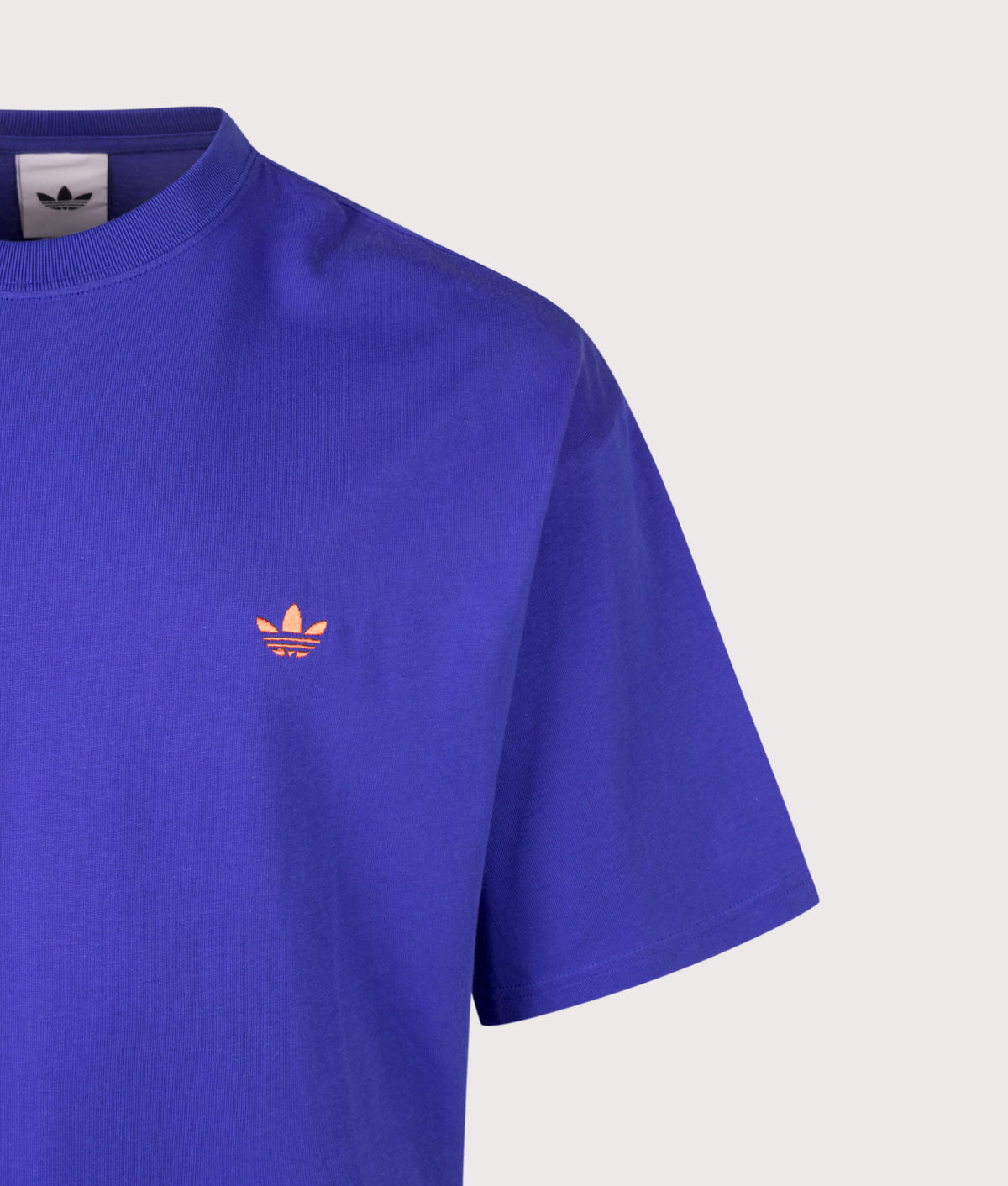 adidas Originals Oversized Trefoil Essentials T-Shirt in Bold Blue at EQVVS Menswear. Detail shot.