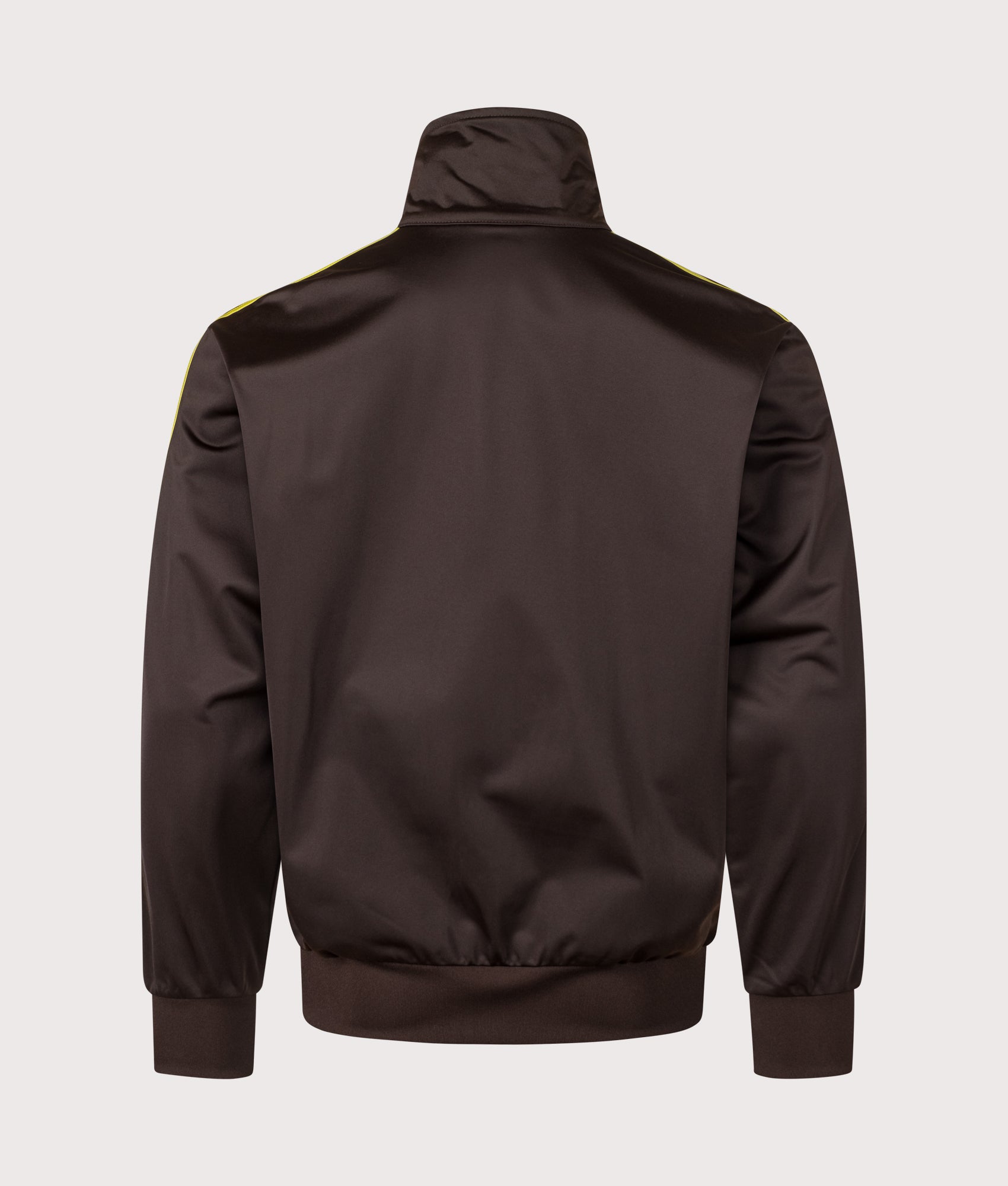 adidas Originals Loose Fit Firebird Track Top in Aurora Coffee and Preloved Lime at EQVVS Menswear. Back shot.