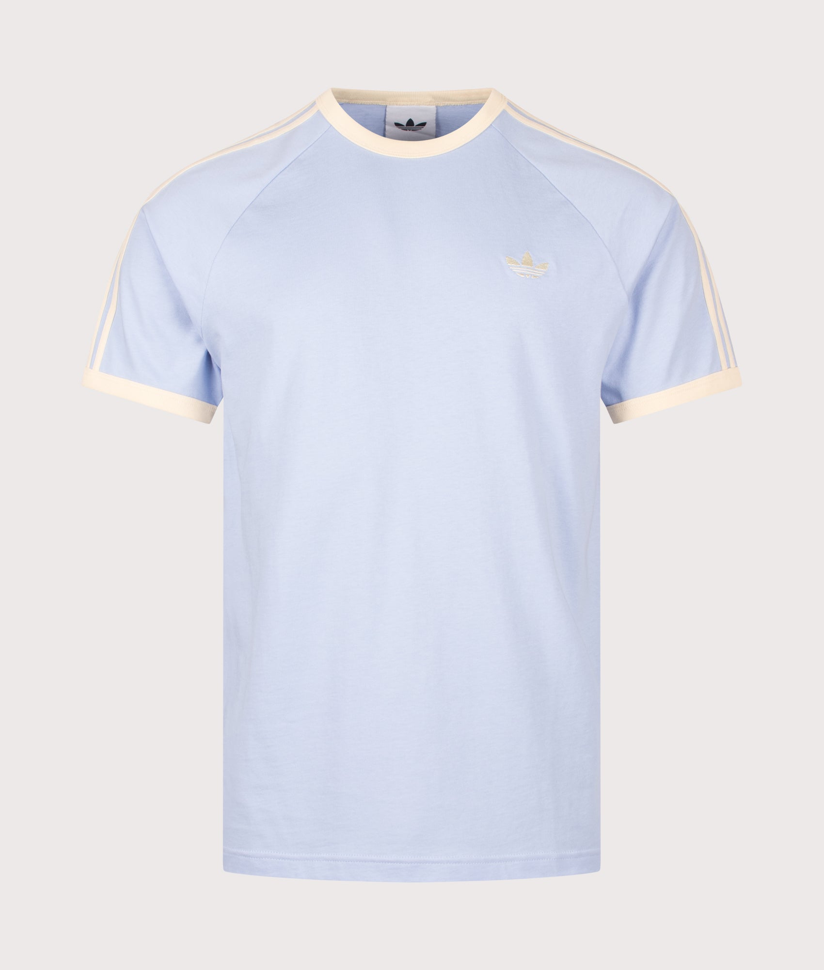 adidas Originals 3 Stripes T-Shirt in Blue Dawn and Warm Vanilla at EQVVS Menswear. Front shot.