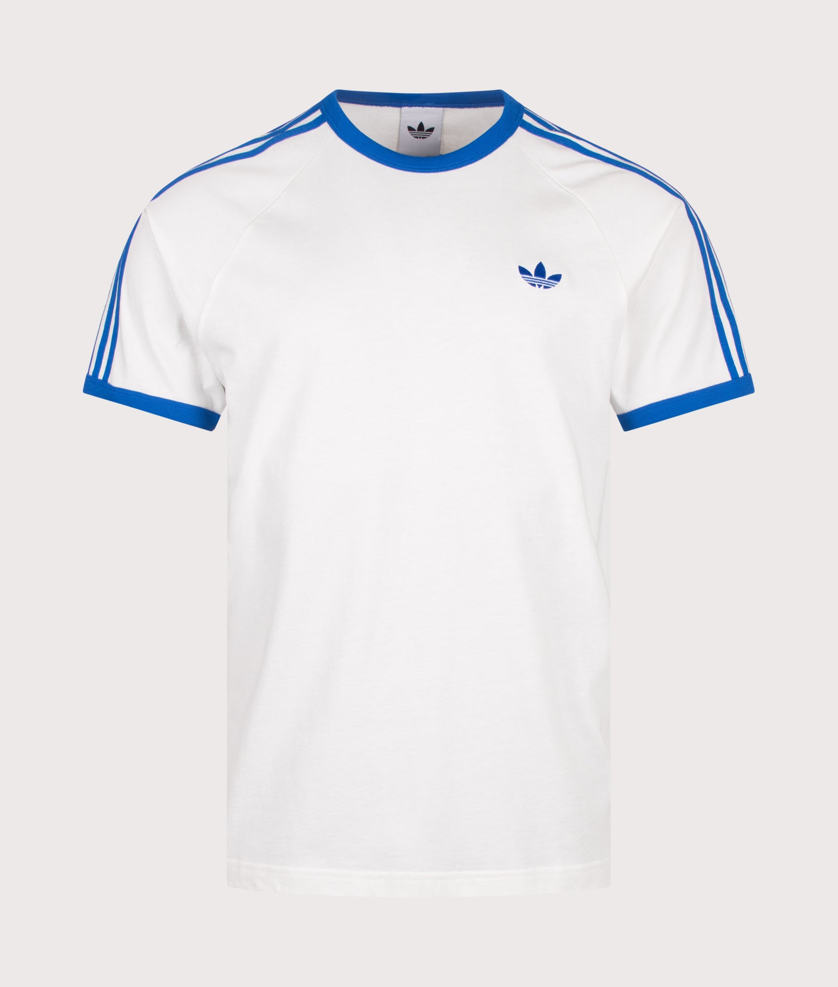 adidas Originals 3 Stripes T-Shirt in Cloud White and Blue at EQVVS Menswear. Front shot.