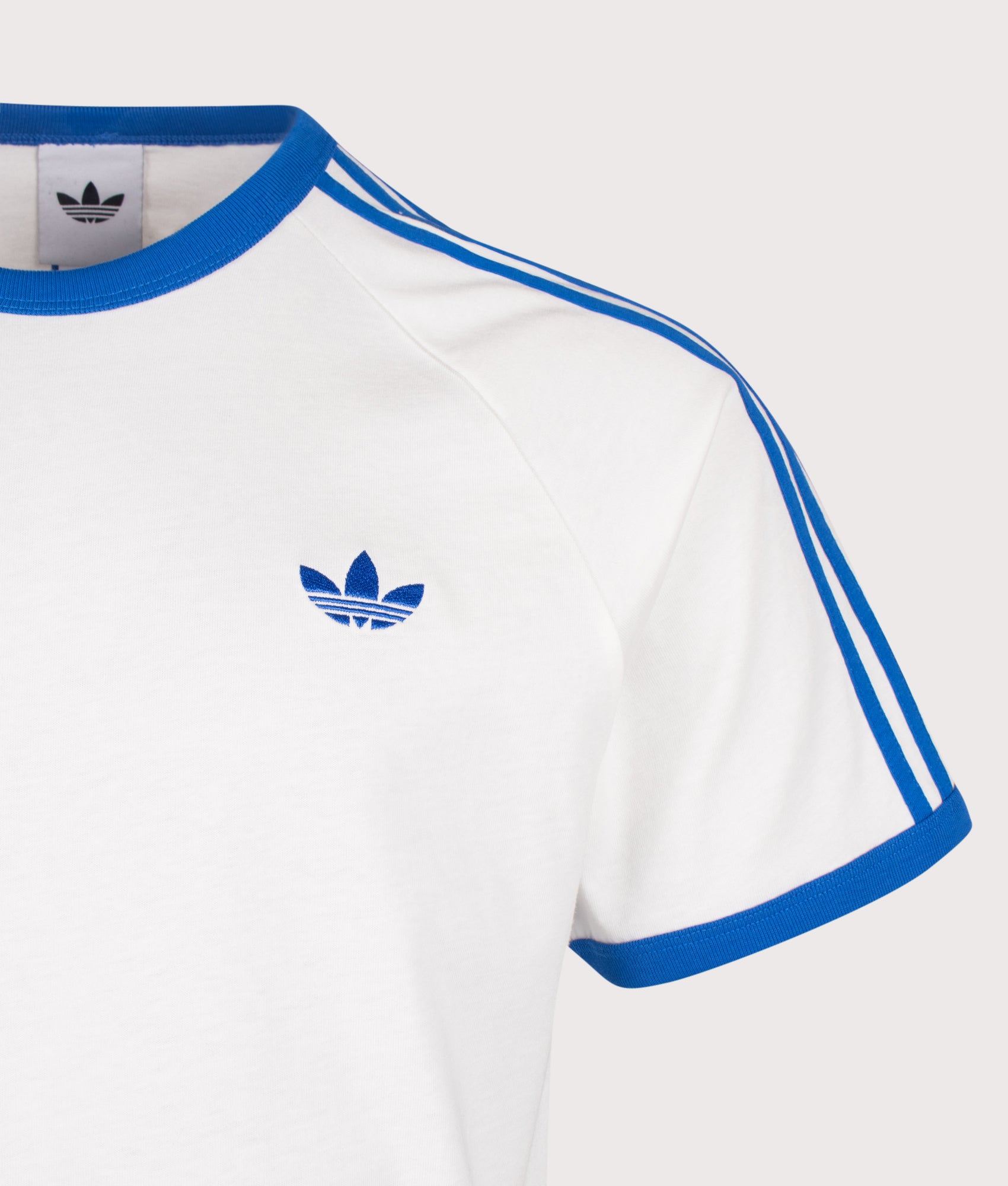 adidas Originals 3 Stripes T-Shirt in Cloud White and Blue at EQVVS Menswear. Detail shot.