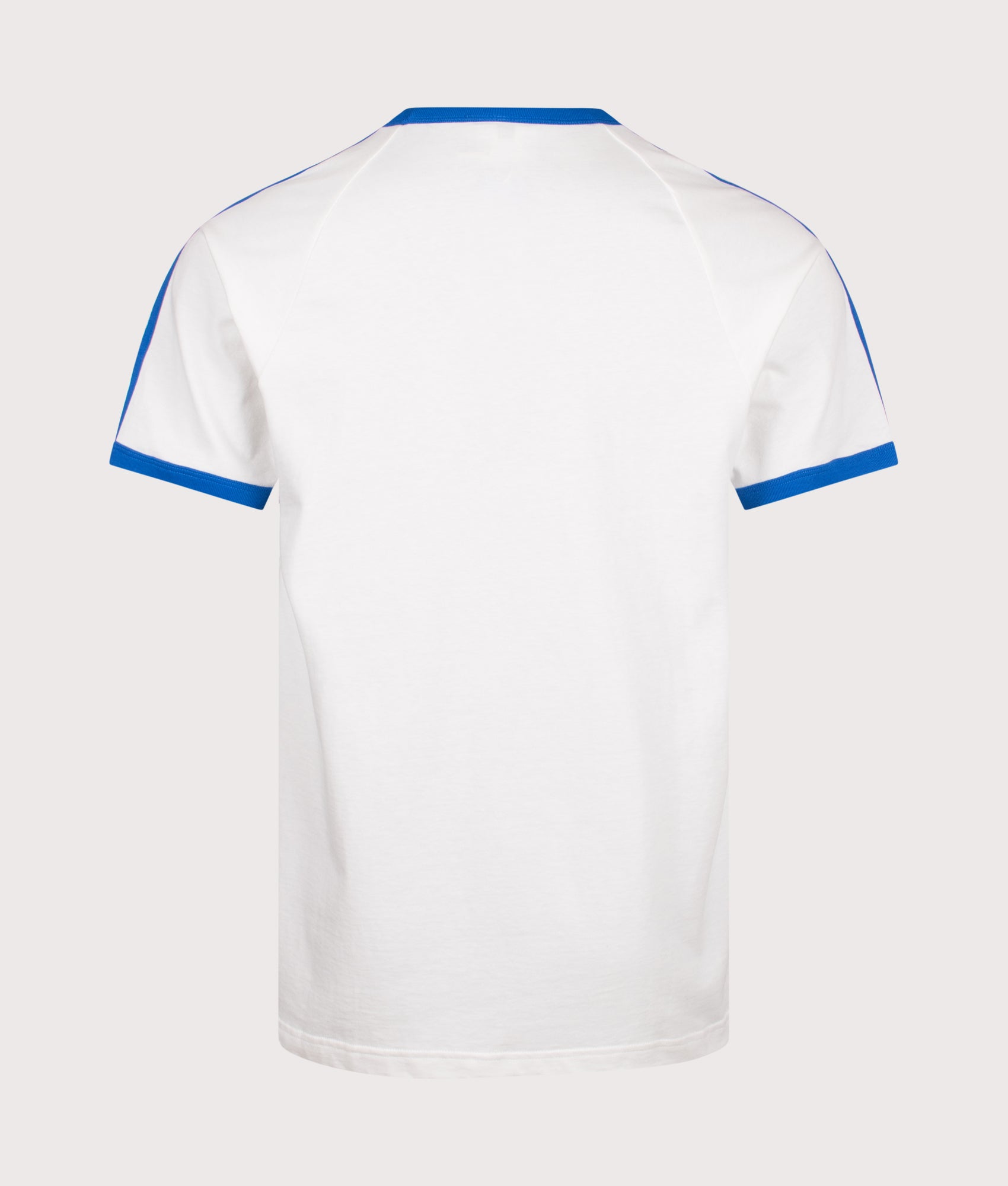 adidas Originals 3 Stripes T-Shirt in Cloud White and Blue at EQVVS Menswear. Back shot.
