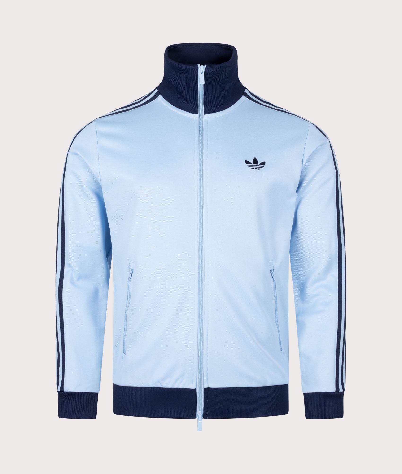 adidas Originals Beckenbauer Classic Track Top in Clear Sky and Night Indigo at EQVVS Menswear. Front shot.
