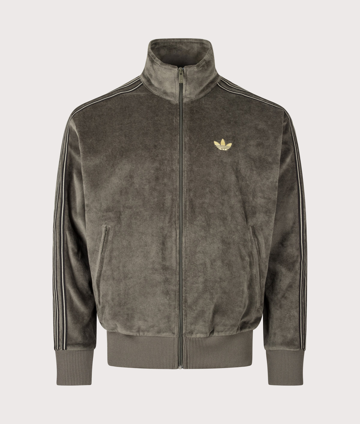 adidas Originals Loose Fit Firebird Velour Track Top in Branch at EQVVS Menswear. Front shot.