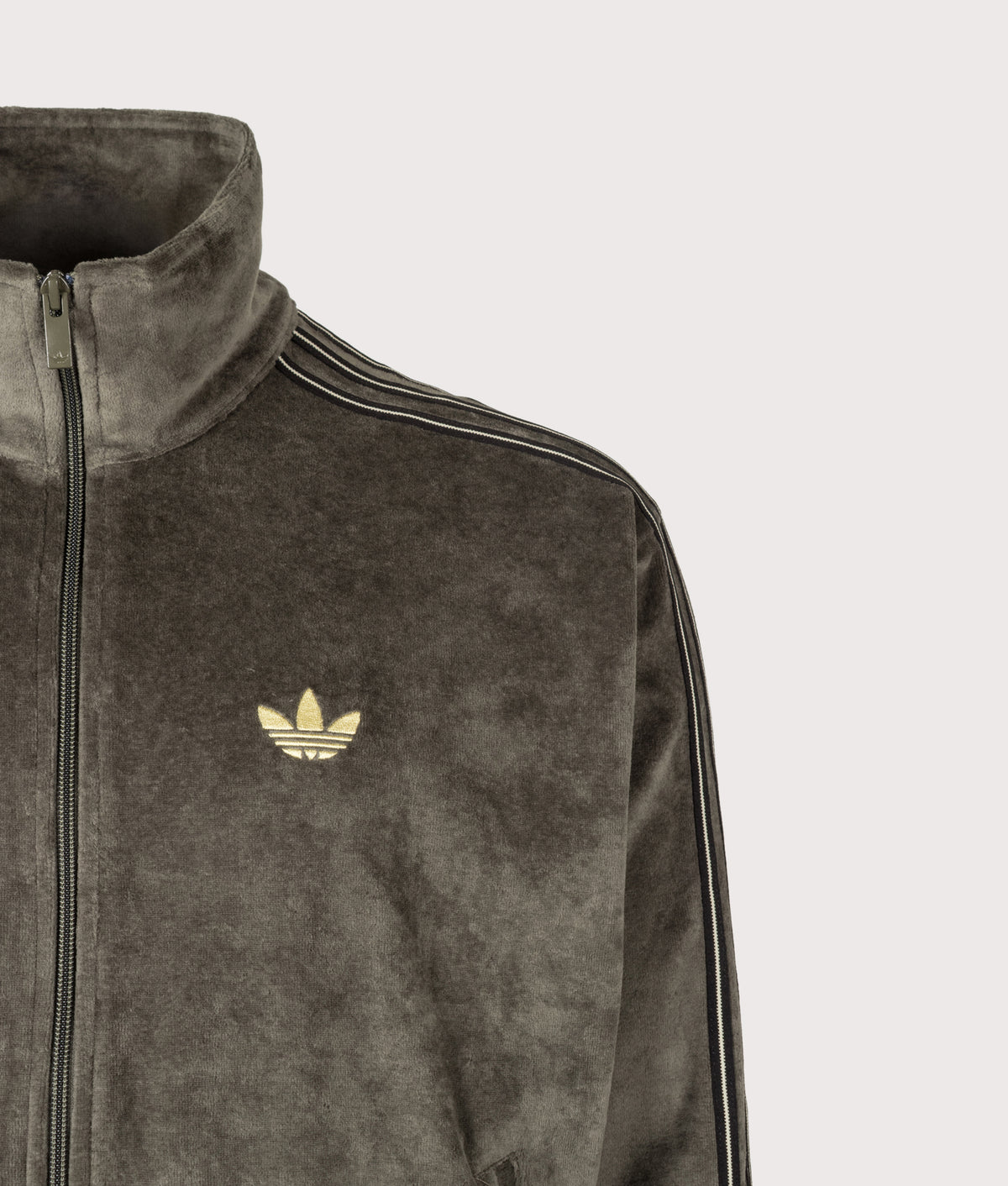 adidas Originals Loose Fit Firebird Velour Track Top in Branch at EQVVS Menswear. Detail shot.
