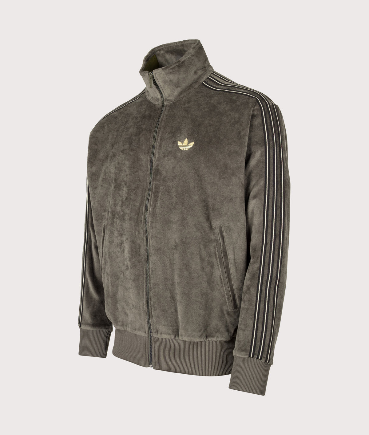adidas Originals Loose Fit Firebird Velour Track Top in Branch at EQVVS Menswear. Front shot.