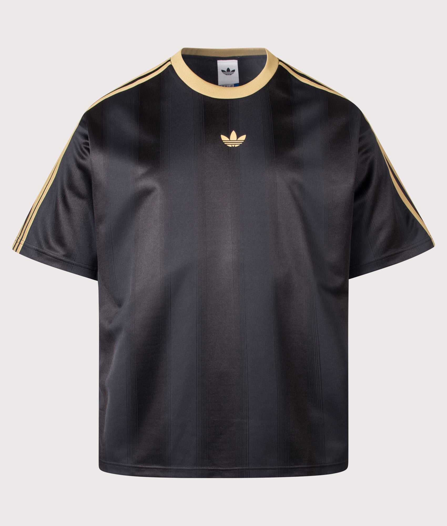 adidas Originals Oversized Fit Adicolour Jacquard Jersey T-Shirt in Black and Dark Football Gold at EQVVS Menswear. Front shot.