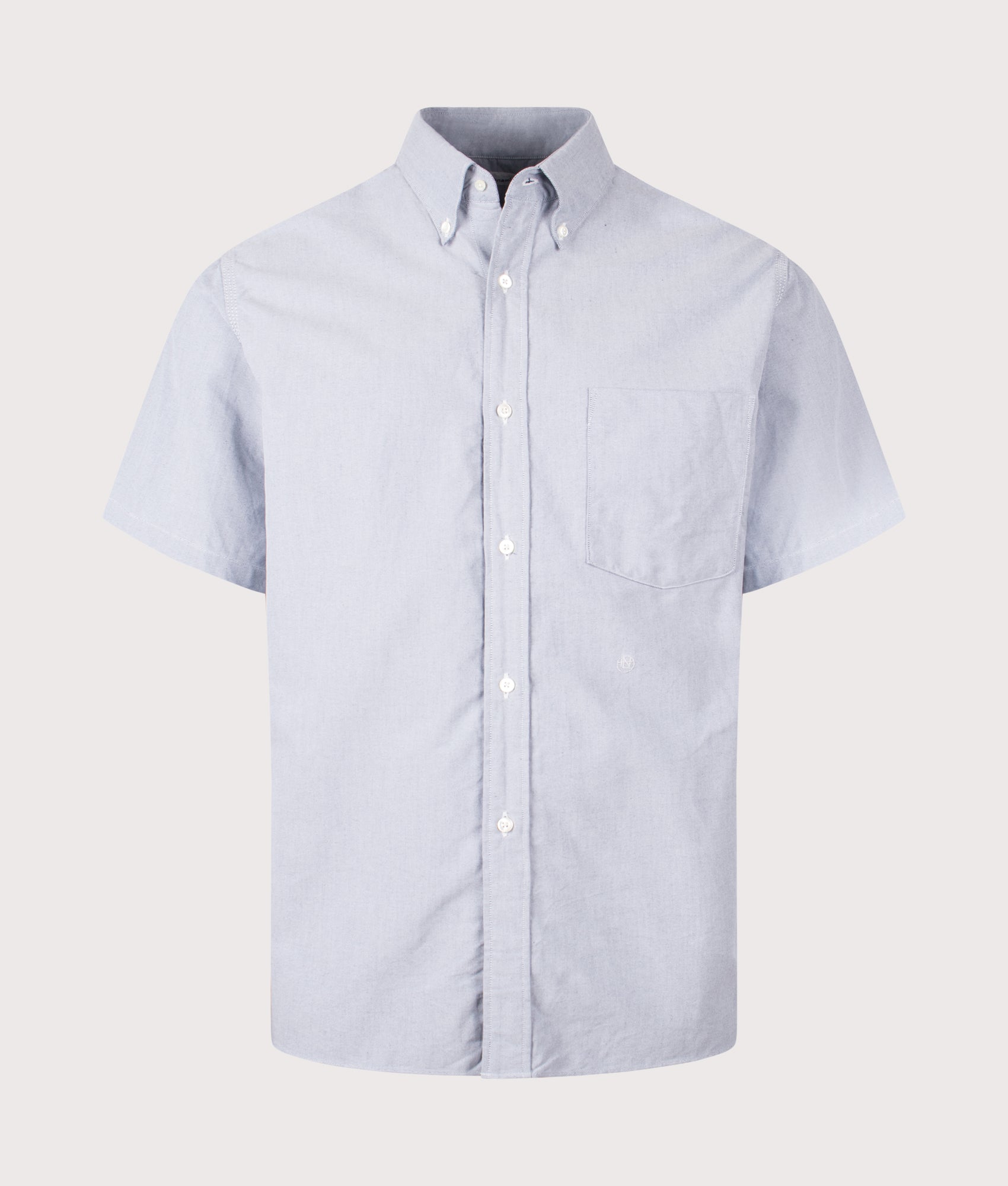 nanamica Relaxed fit Button Down Wind Short Sleeve Shirt in Grayish Navy at EQVVS Menswear. Front shot.