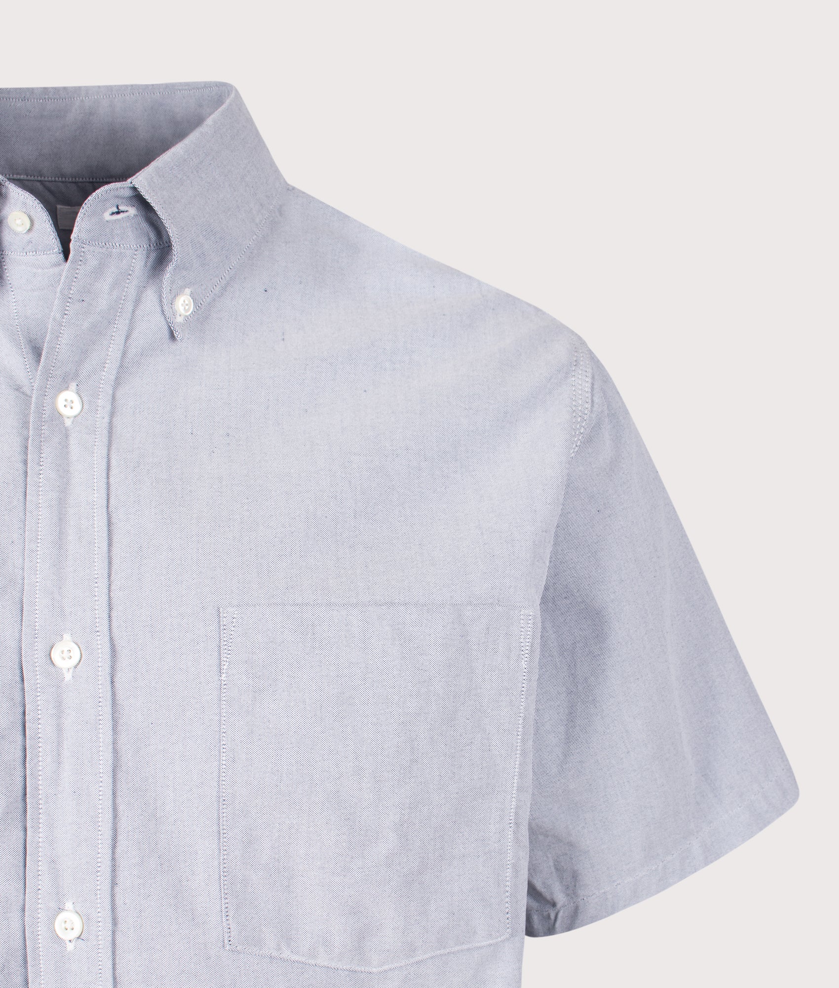 nanamica Relaxed fit Button Down Wind Short Sleeve Shirt in Grayish Navy at EQVVS Menswear. Detail shot.