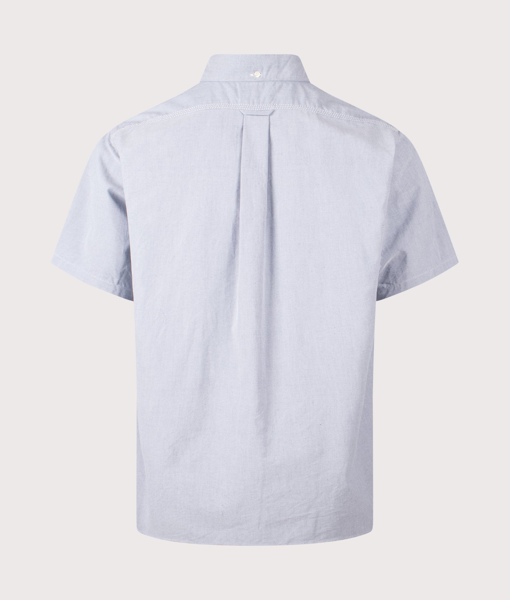 nanamica Relaxed fit Button Down Wind Short Sleeve Shirt in Grayish Navy at EQVVS Menswear. Back shot.