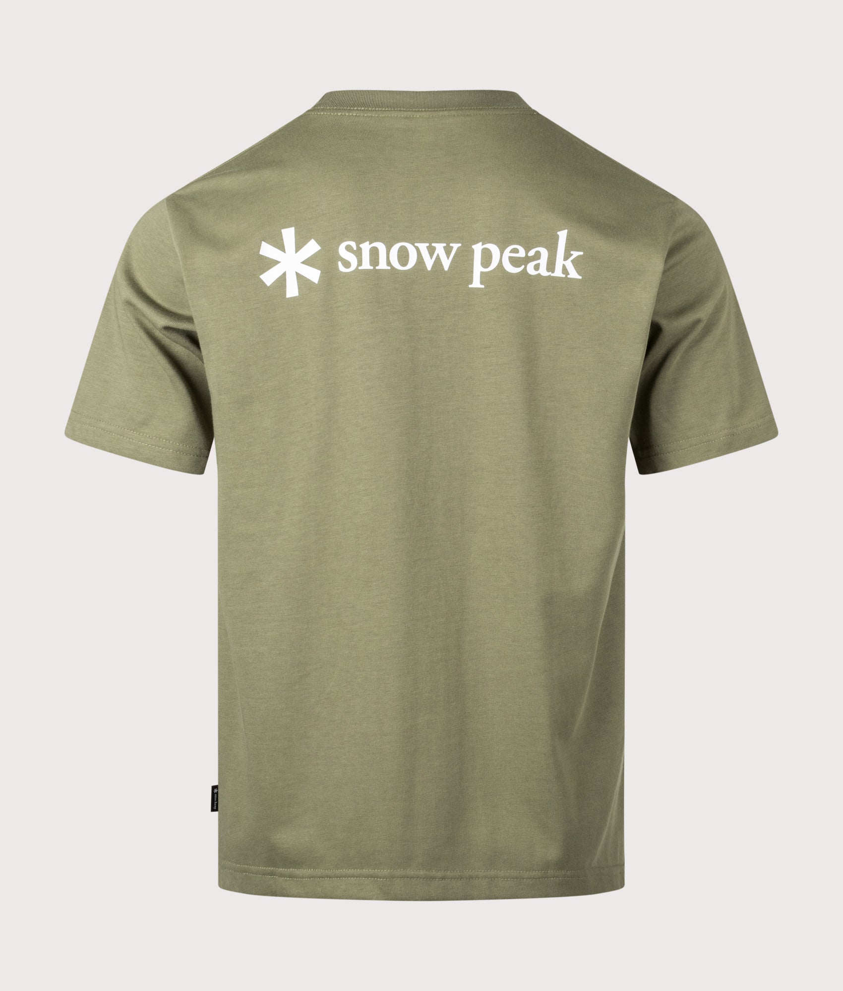 Snow Peak New Standard Back Printed Logo T-Shirt in Olive at EQVVS Menswear. Back shot.