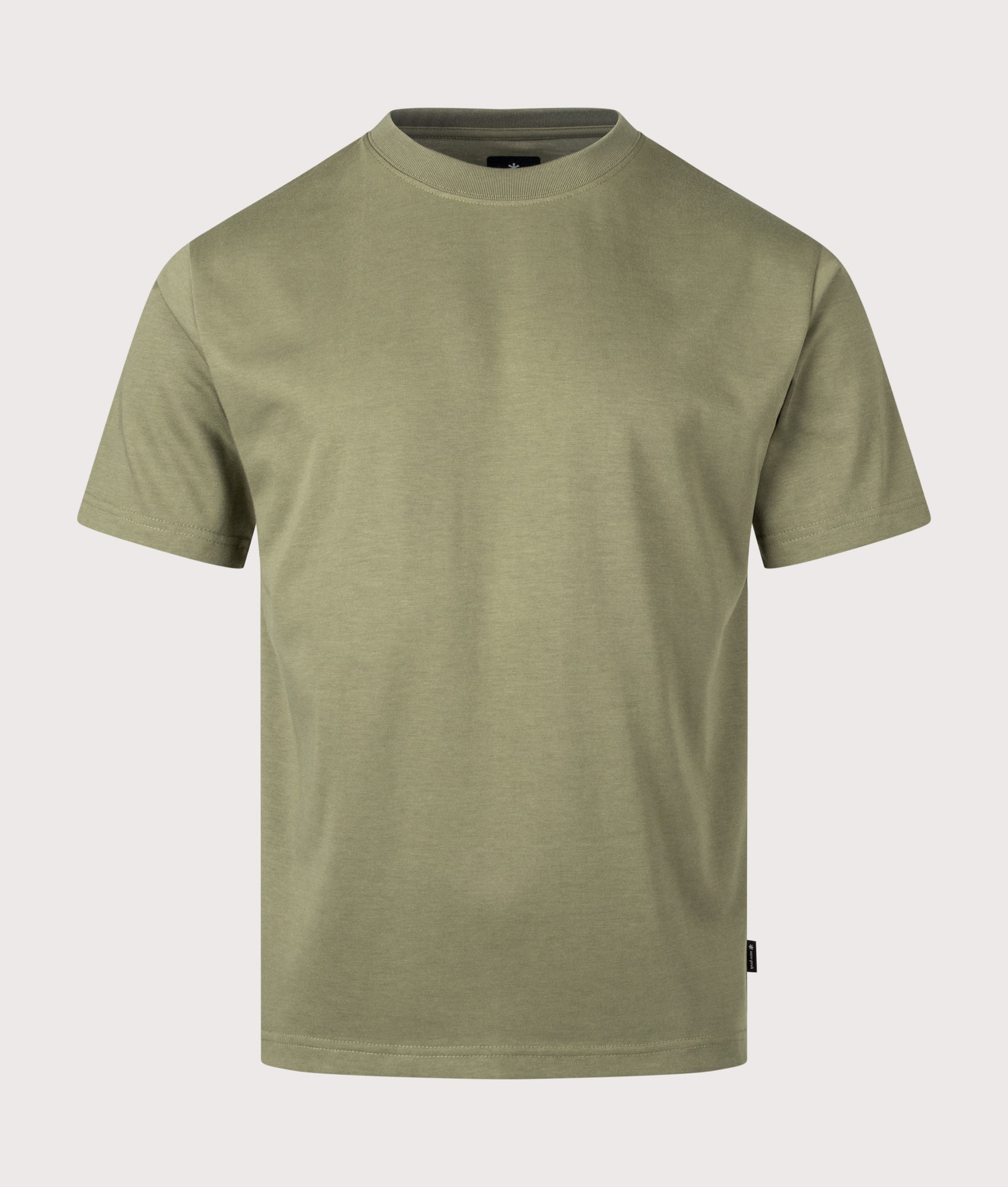 Snow Peak New Standard Back Printed Logo T-Shirt in Olive at EQVVS Menswear. Front shot.