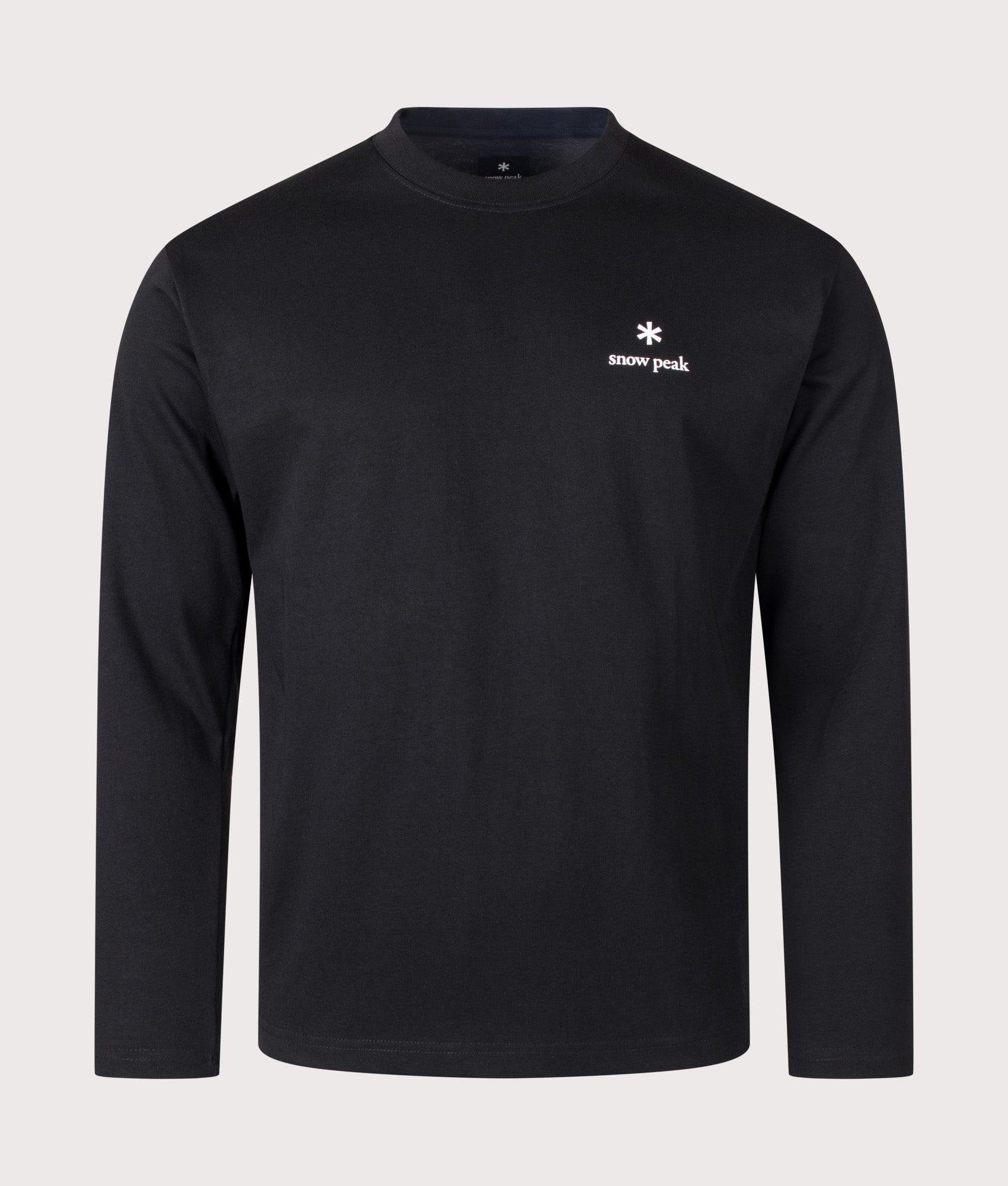 Snow Peak Regular Fit New Standard Logo Long Sleeve T-Shirt in Black at EQVVS Menswear. Front shot.