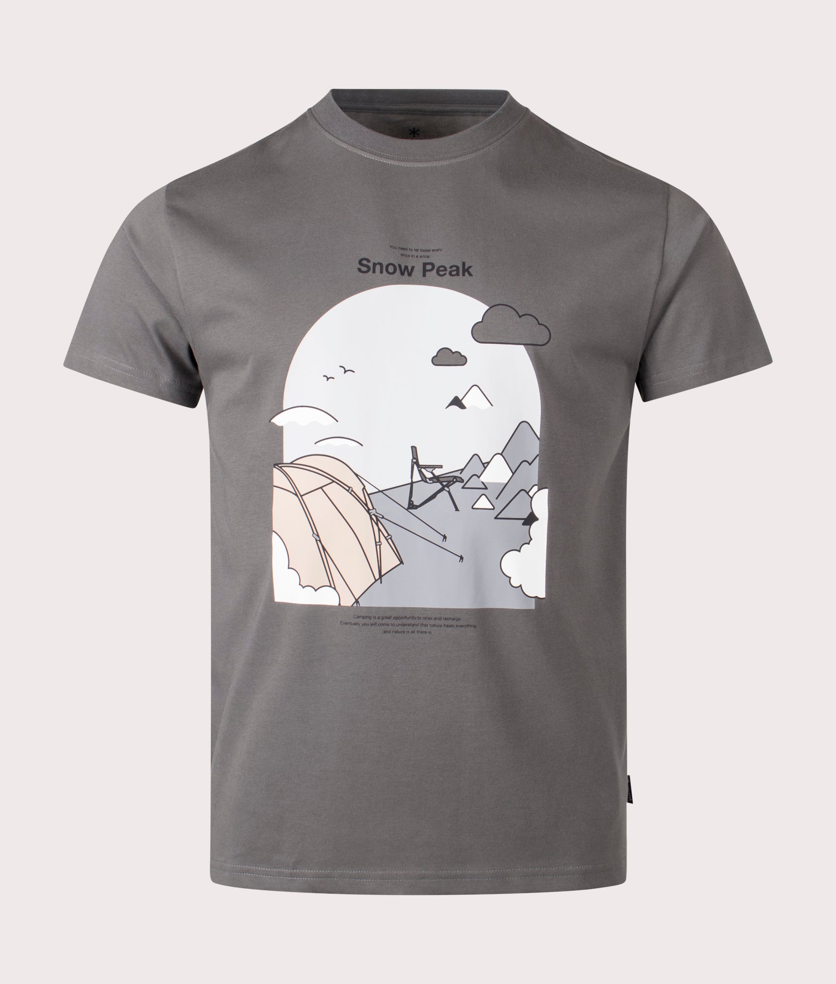 Snow Peak Camping Graphic T Shirt in soft Grey at EQVVS Menswear. Front shot.
