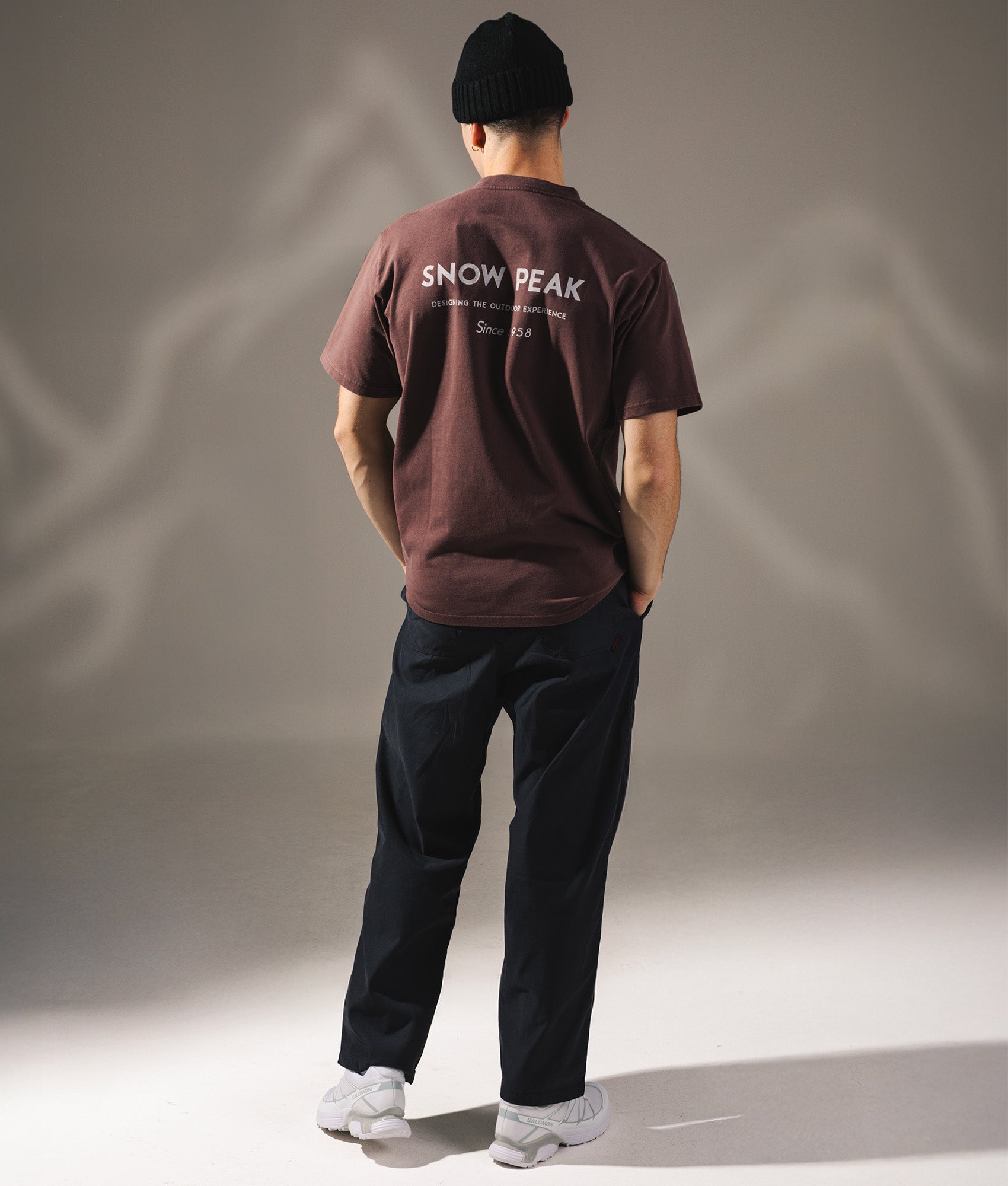 Garment Dyed T-Shirt in Burgundy. 100% Cotton | Snow Peak | Shot at EQVVS | Back model shot 