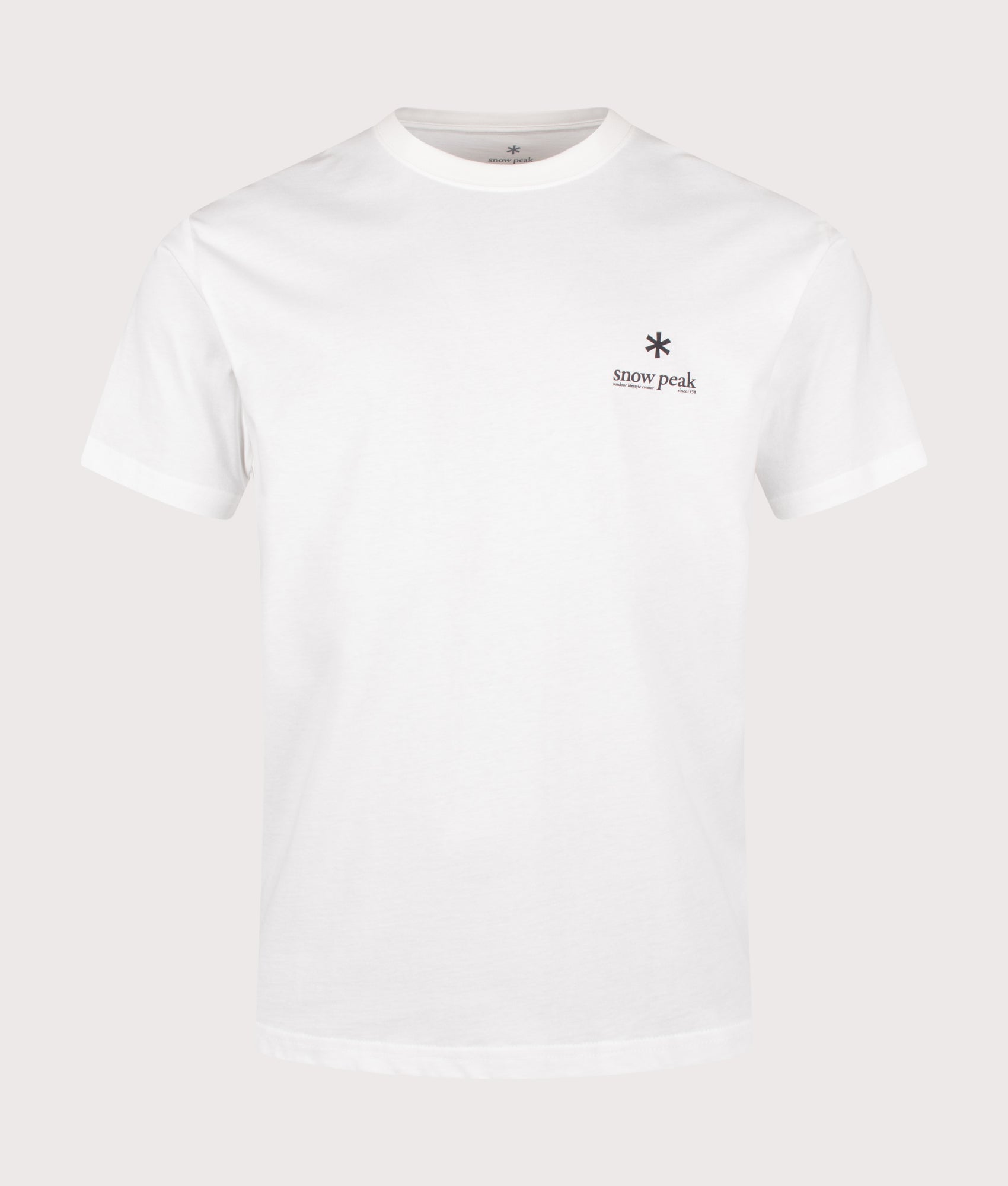 Snow Peak Relaxed Fit Soft Cotton Logo T-Shirt in Off White at EQVVS Menswear. Front shot.