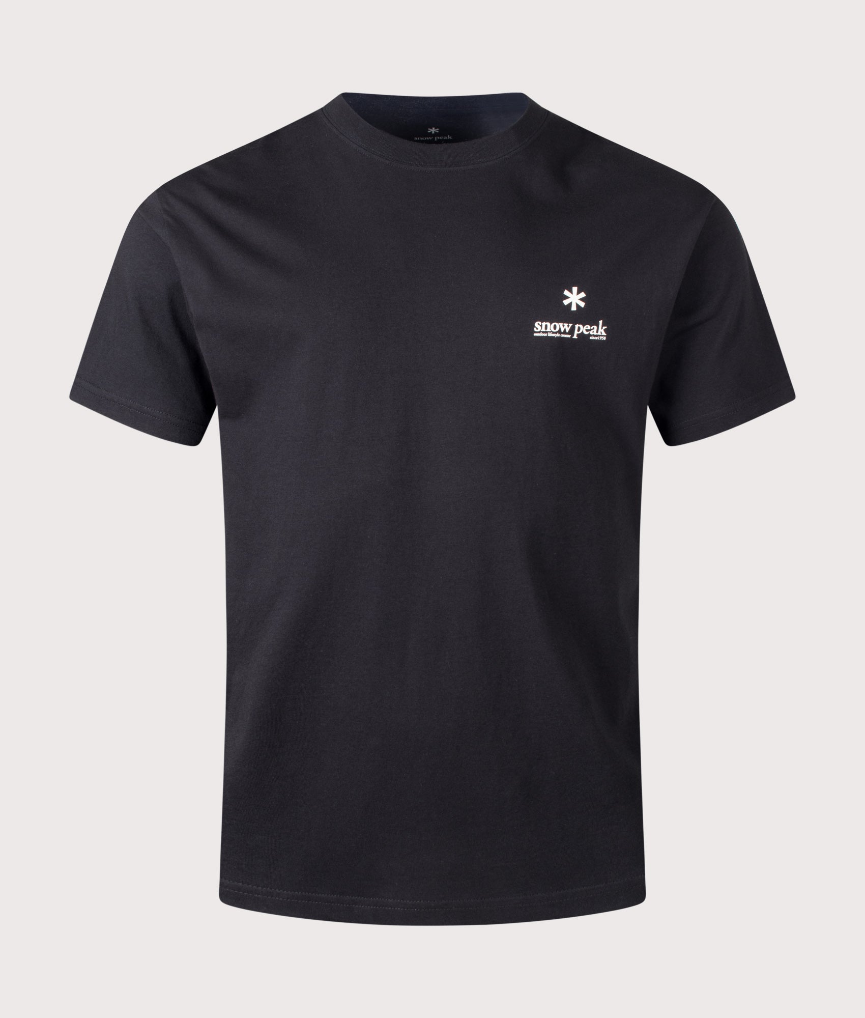 Snow Peak Relaxed Fit Soft Cotton Logo T-Shirt in Black at EQVVS Menswear. Front shot.