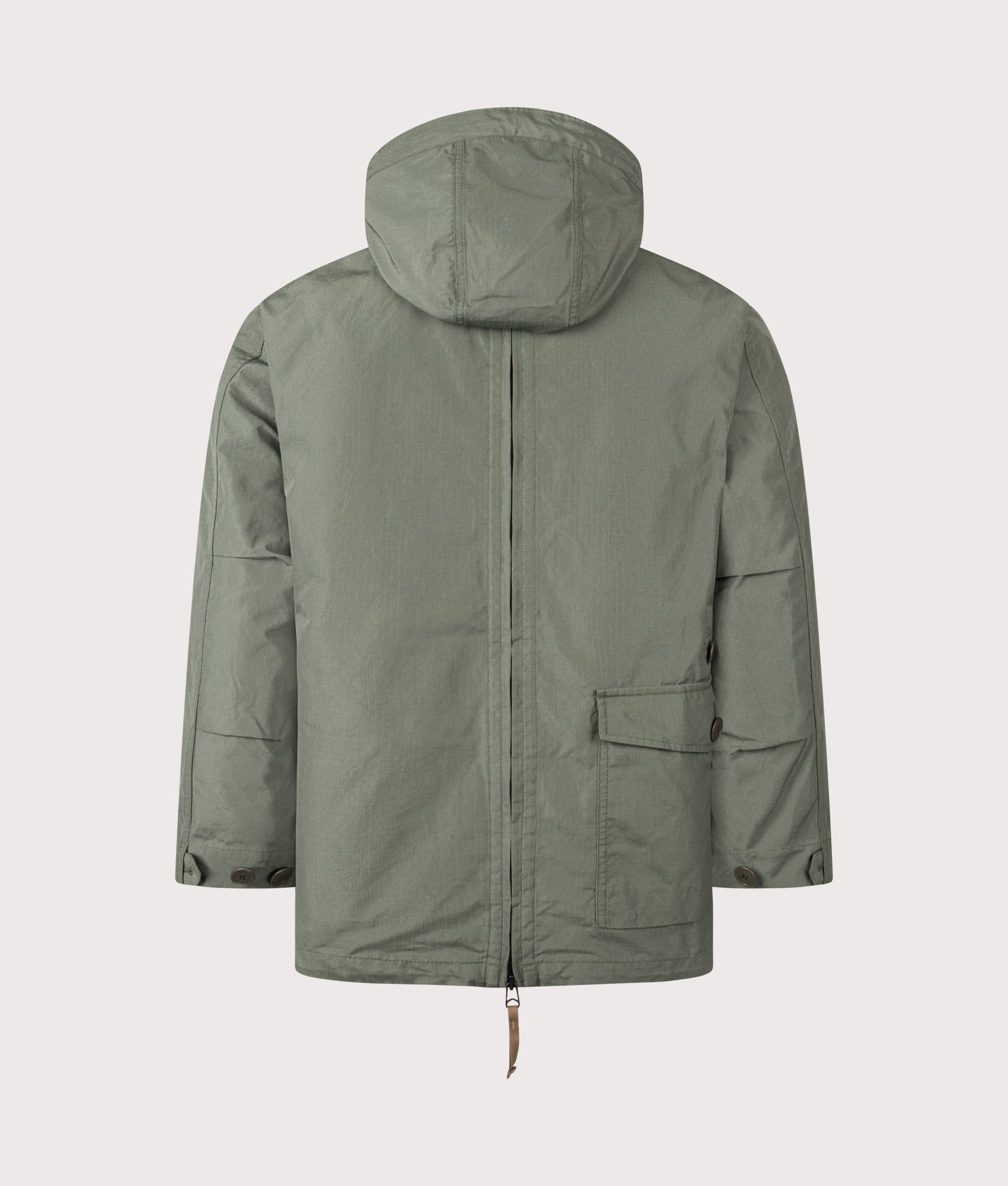 Snow Peak TAKIBI Ripstop Adjustable Jacket in Olive at EQVVS Menswear. Back shot.