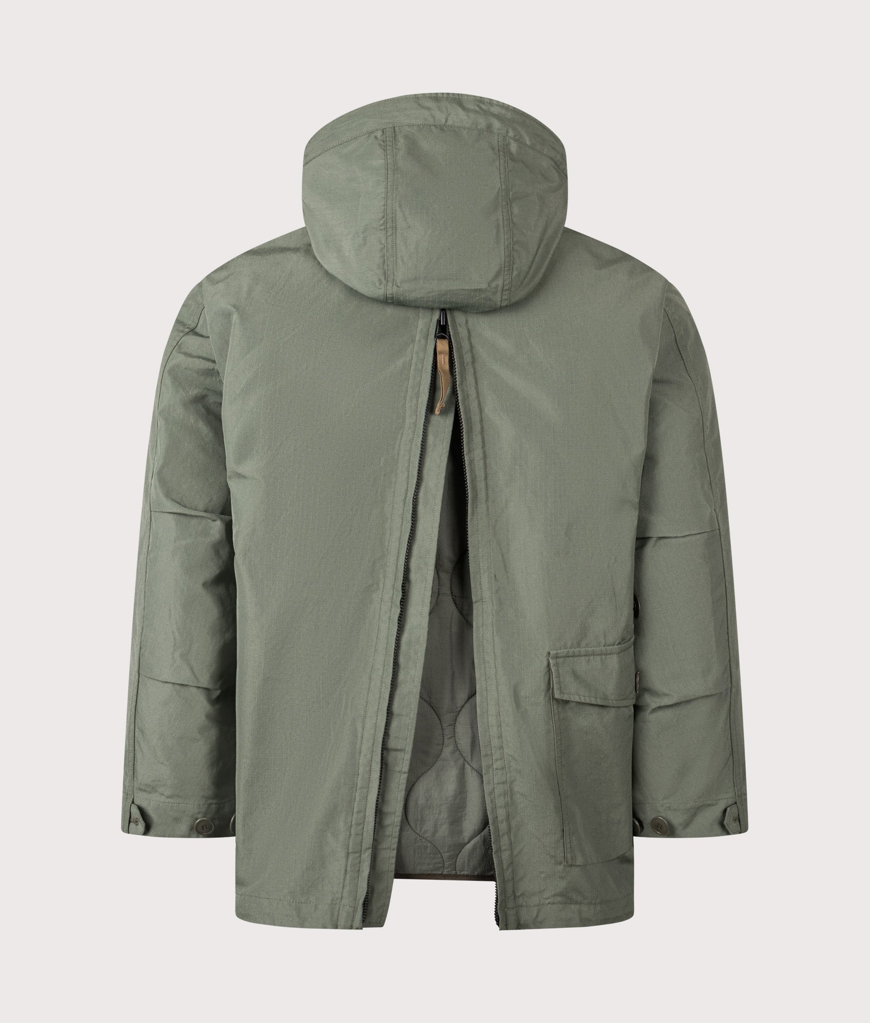 Snow Peak TAKIBI Ripstop Adjustable Jacket in Olive at EQVVS Menswear. Back shot detail.