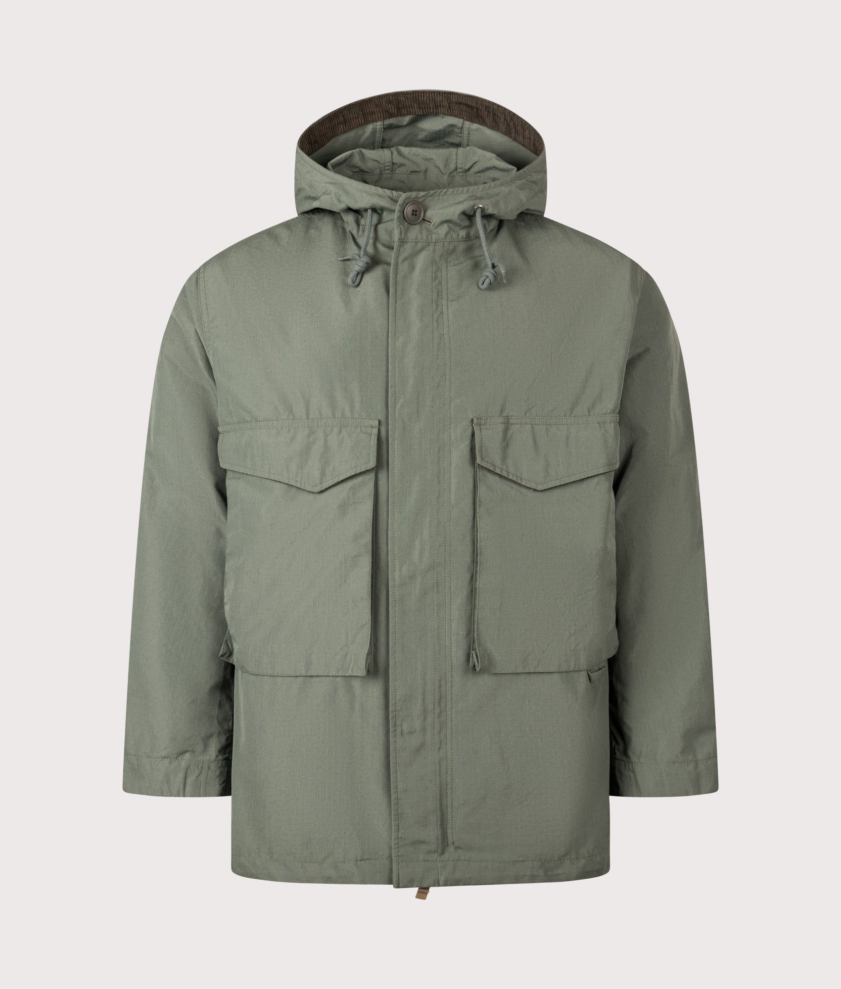 Snow Peak TAKIBI Ripstop Adjustable Jacket in Olive at EQVVS Menswear. Front shot.