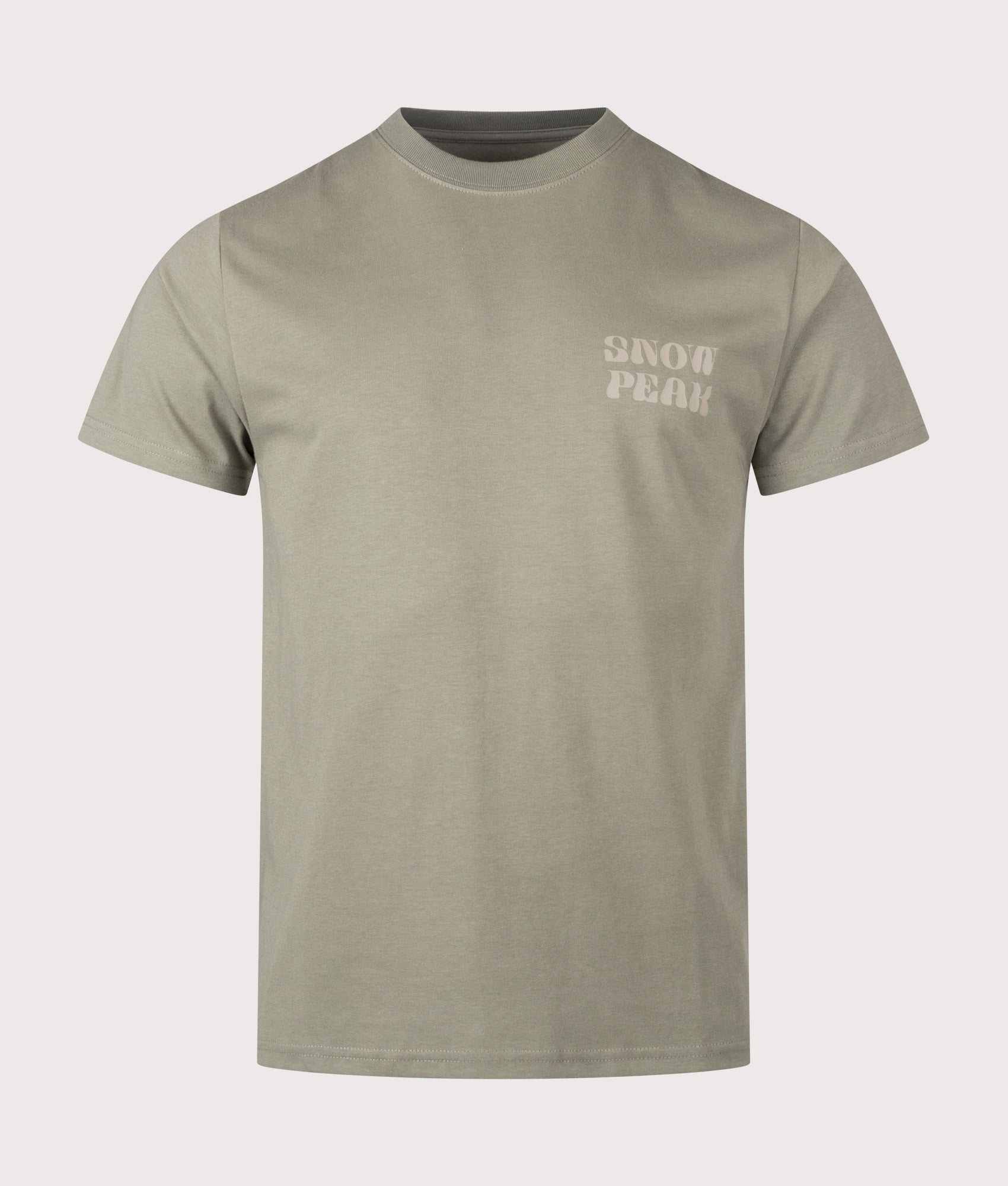 Snow Peak Camping Graphic T-Shirt in Olive at EQVVS Menswear. Front shot.