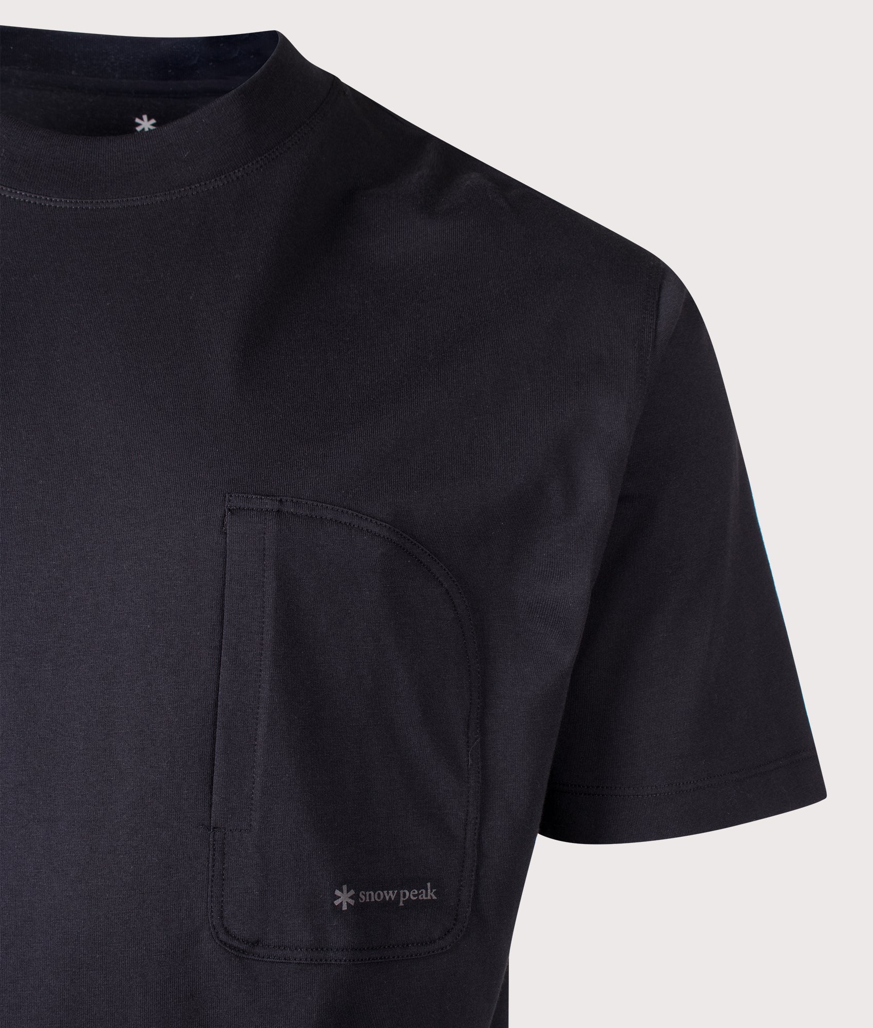 Snow Peak Relaxed Fit OG Mercerized T-Shirt in Black at EQVVS Menswear. Detail shot.