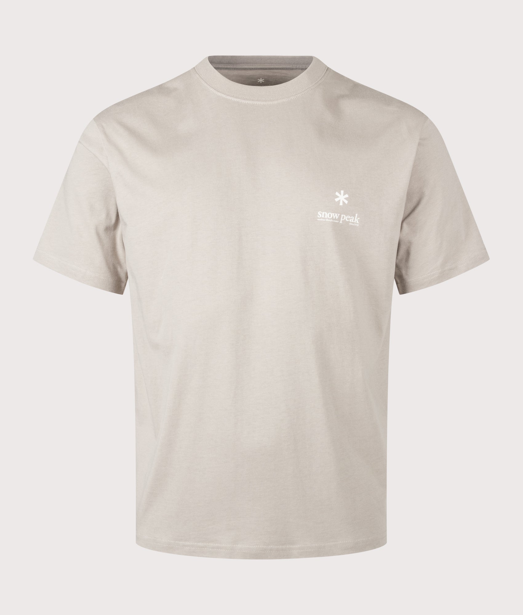 Snow Peak Relaxed Fit Soft Cotton Logo T-Shirt in Greige at EQVVS Menswear. Front shot.