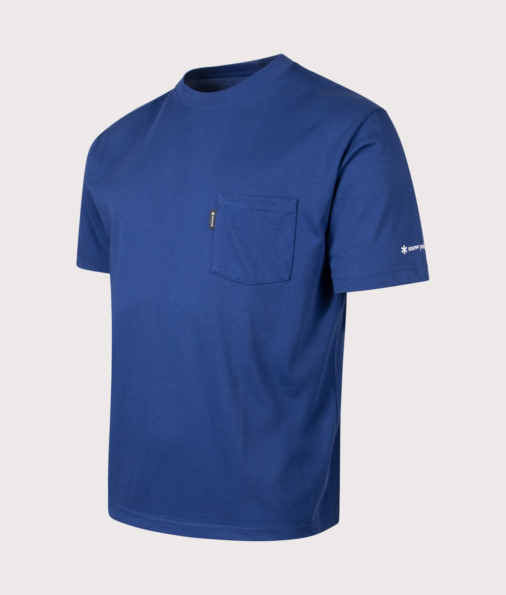 Snow Peak New Standard Pocket T-Shirt in Blue at EQVVS Menswear. Angled front shot.