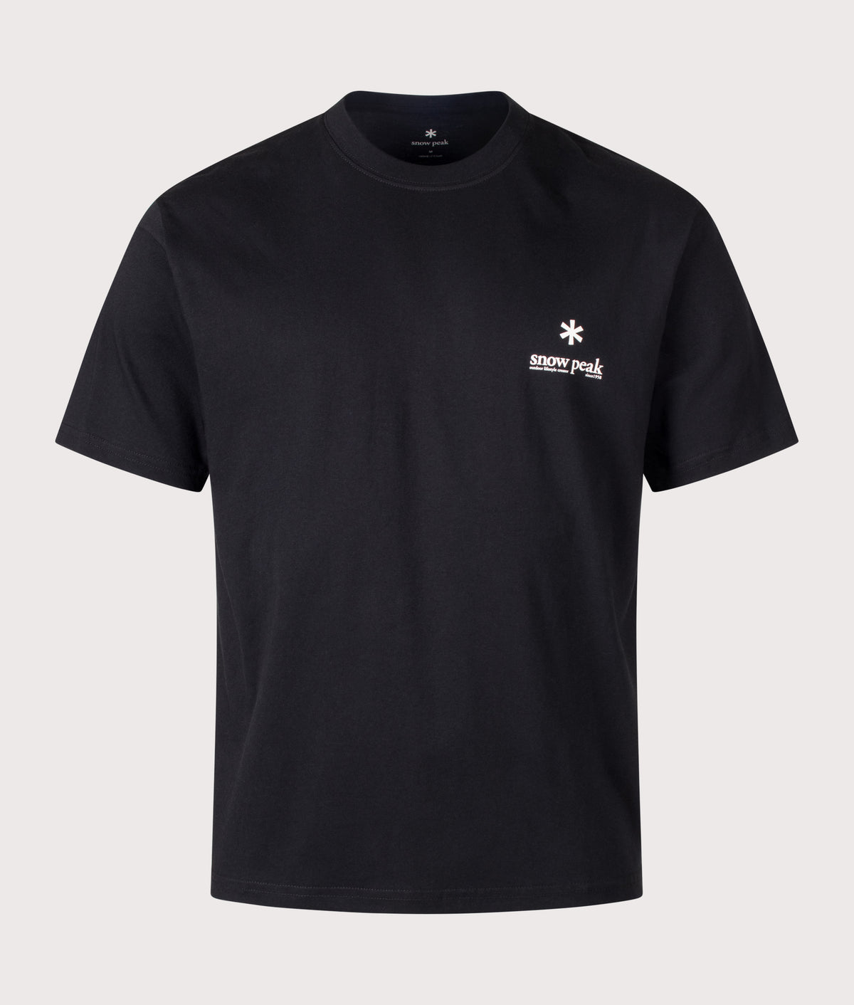 Snow Peak Relaxed Fit Soft Cotton Logo T-Shirt in Black at EQVVS Menswear. Front shot.