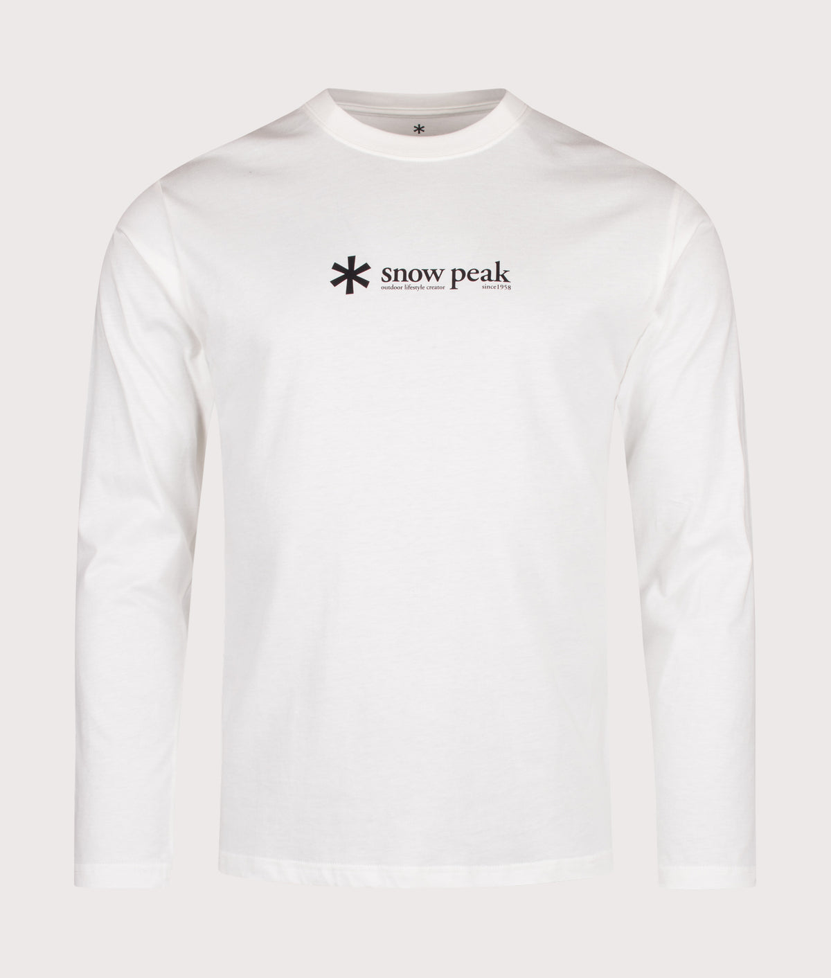 Snow Peak Regular Fit Soft Cotton Logo Long Sleeve T-Shirt in Off White at EQVVS Menswear. Front shot.
