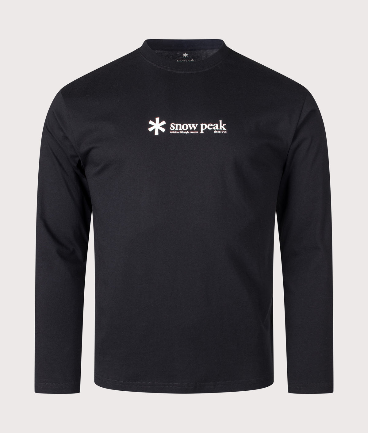 Snow Peak Regular Fit Soft Cotton Logo Long Sleeve T-Shirt in Black at EQVVS Menswear. Front shot.