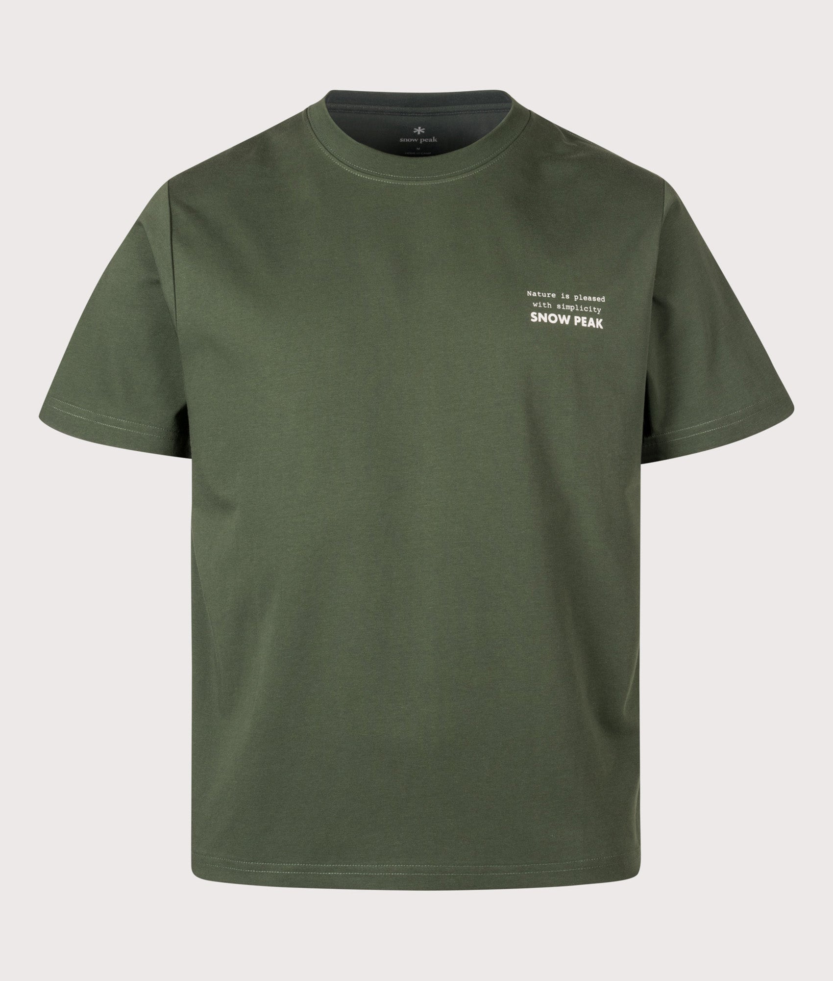 Snow Peak Relaxed Fit Elemental Balance T-Shirt in Dark Green at EQVVS Menswear. Front shot.