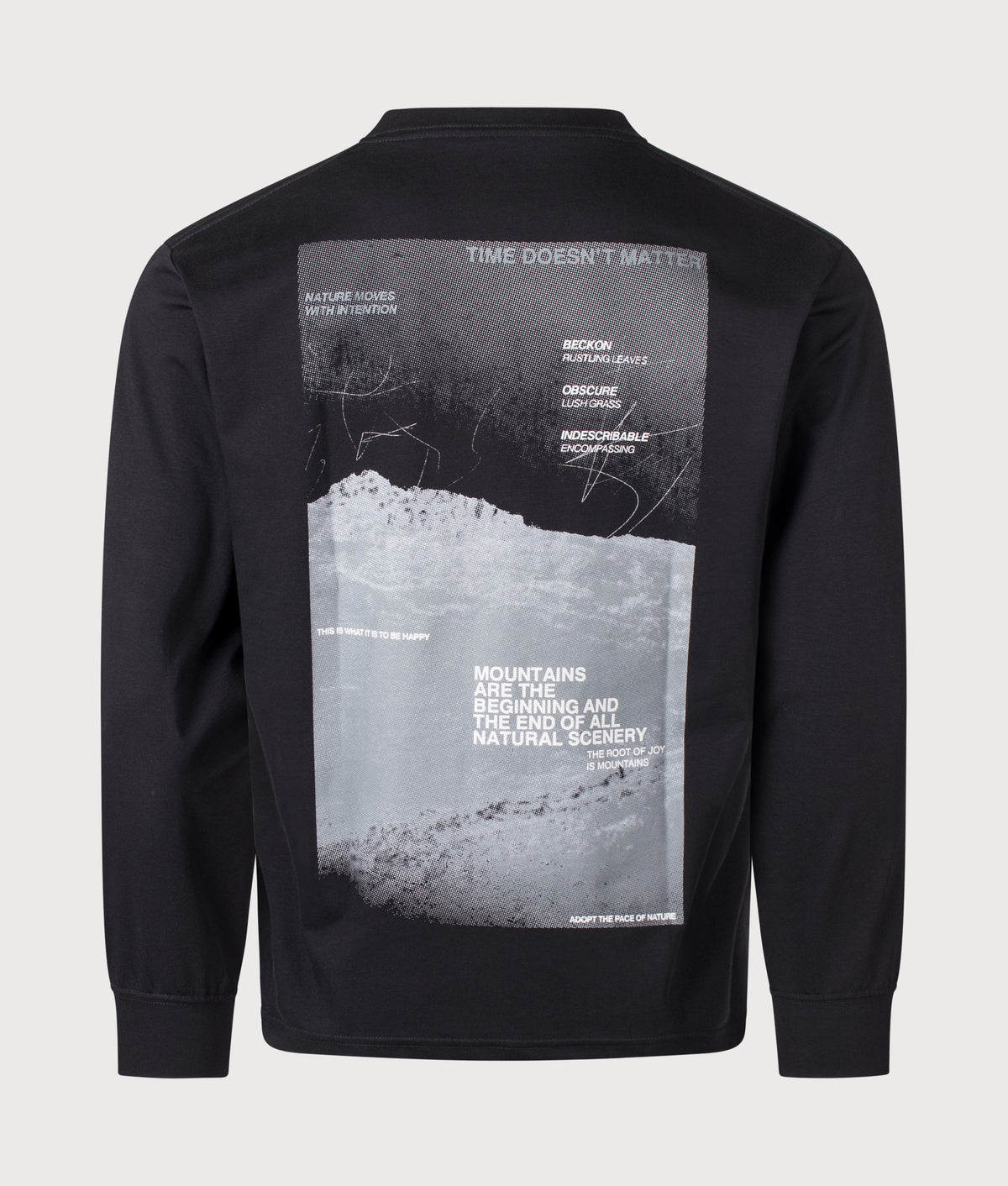 Snow Peak Relaxed Fit Campscape Long Sleeve T-Shirt in Black at EQVVS Menswear. Back shot.