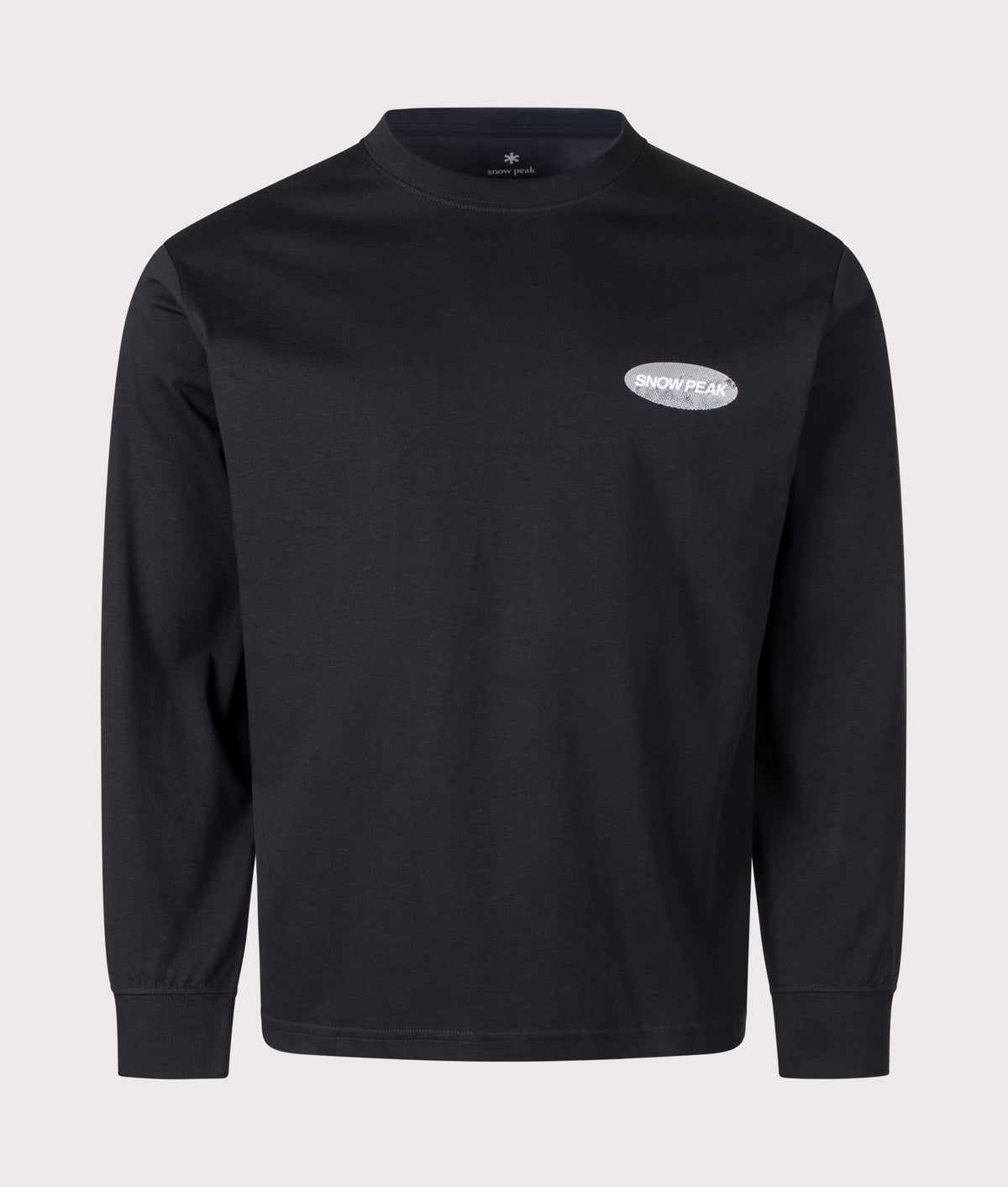 Snow Peak Relaxed Fit Campscape Long Sleeve T-Shirt in Black at EQVVS Menswear. Front shot.