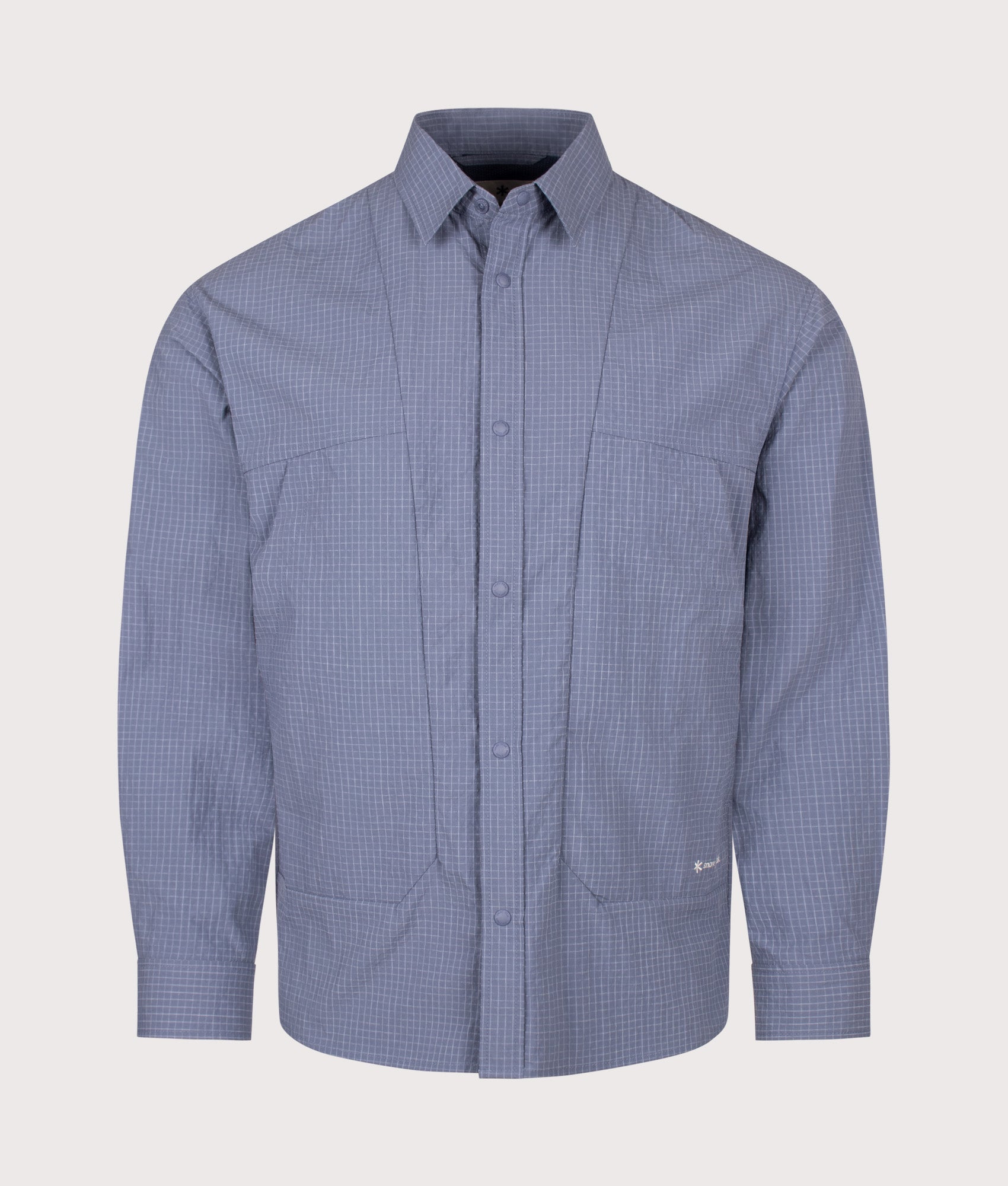 Snow Peak Relaxed Fit KASURI Ripstop Shirt in Light Blue at EQVVS Menswear. Front shot.