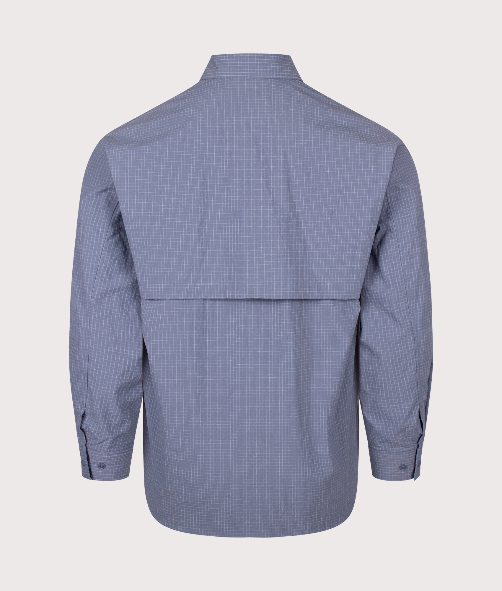 Snow Peak Relaxed Fit KASURI Ripstop Shirt in Light Blue at EQVVS Menswear. Back shot.