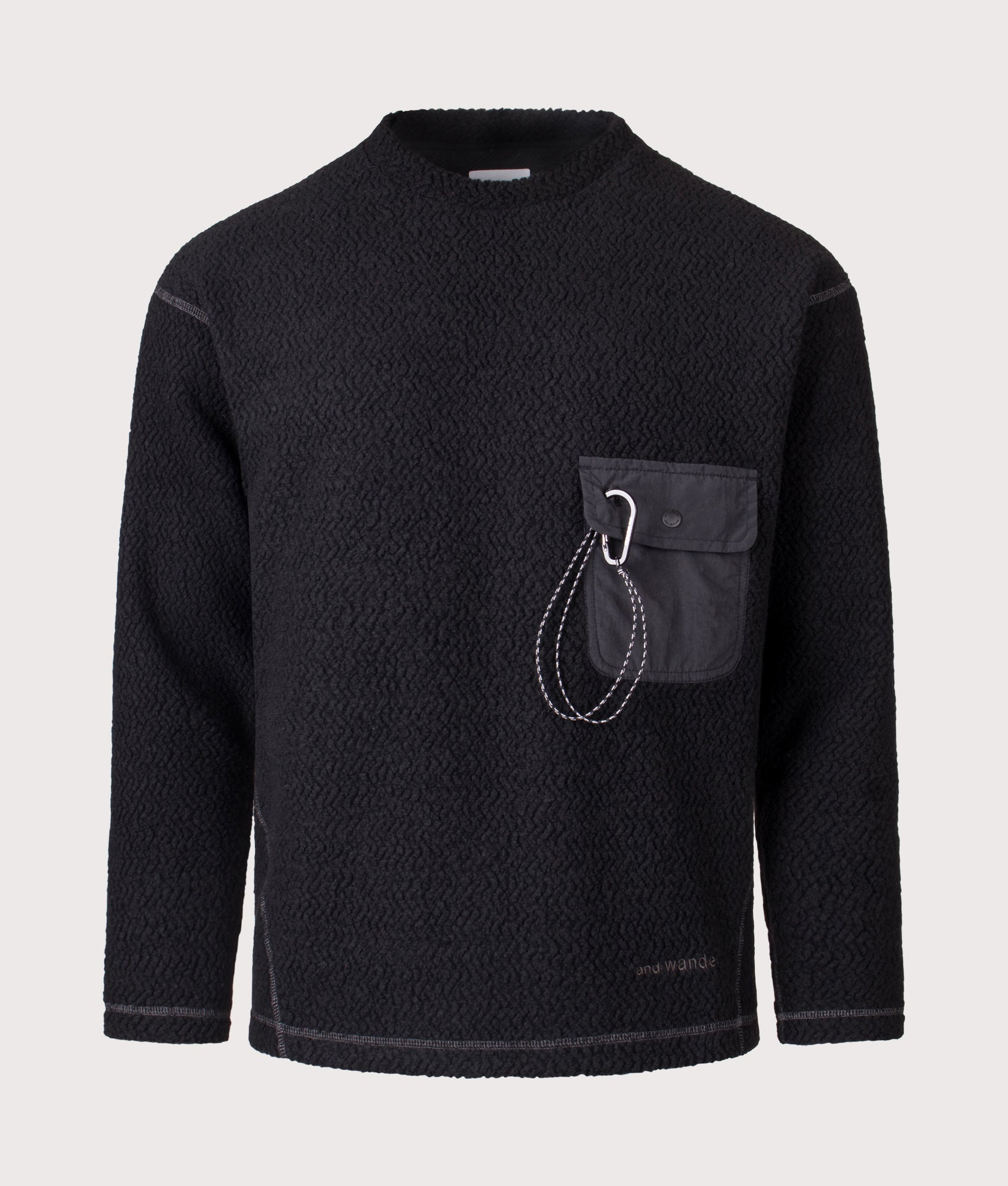 And Wander Re Wool JQ Crew Sweatshirt in Black at EQVVS Menswear. Front shot.