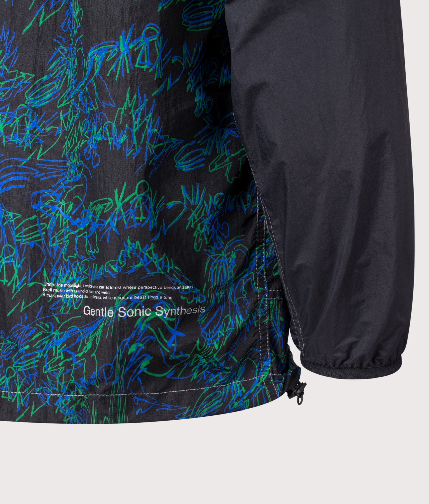 Printed Wind Jacket in Black by and wander. Shot by EQVVS. Detail Back shot.