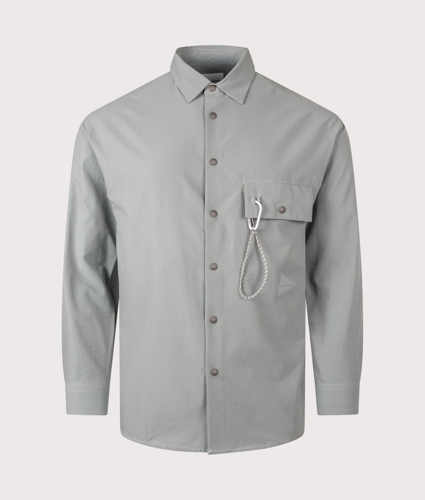 and wander Dry Breathable Shirt in Blue Gray at EQVVS Menswear. Front shot.