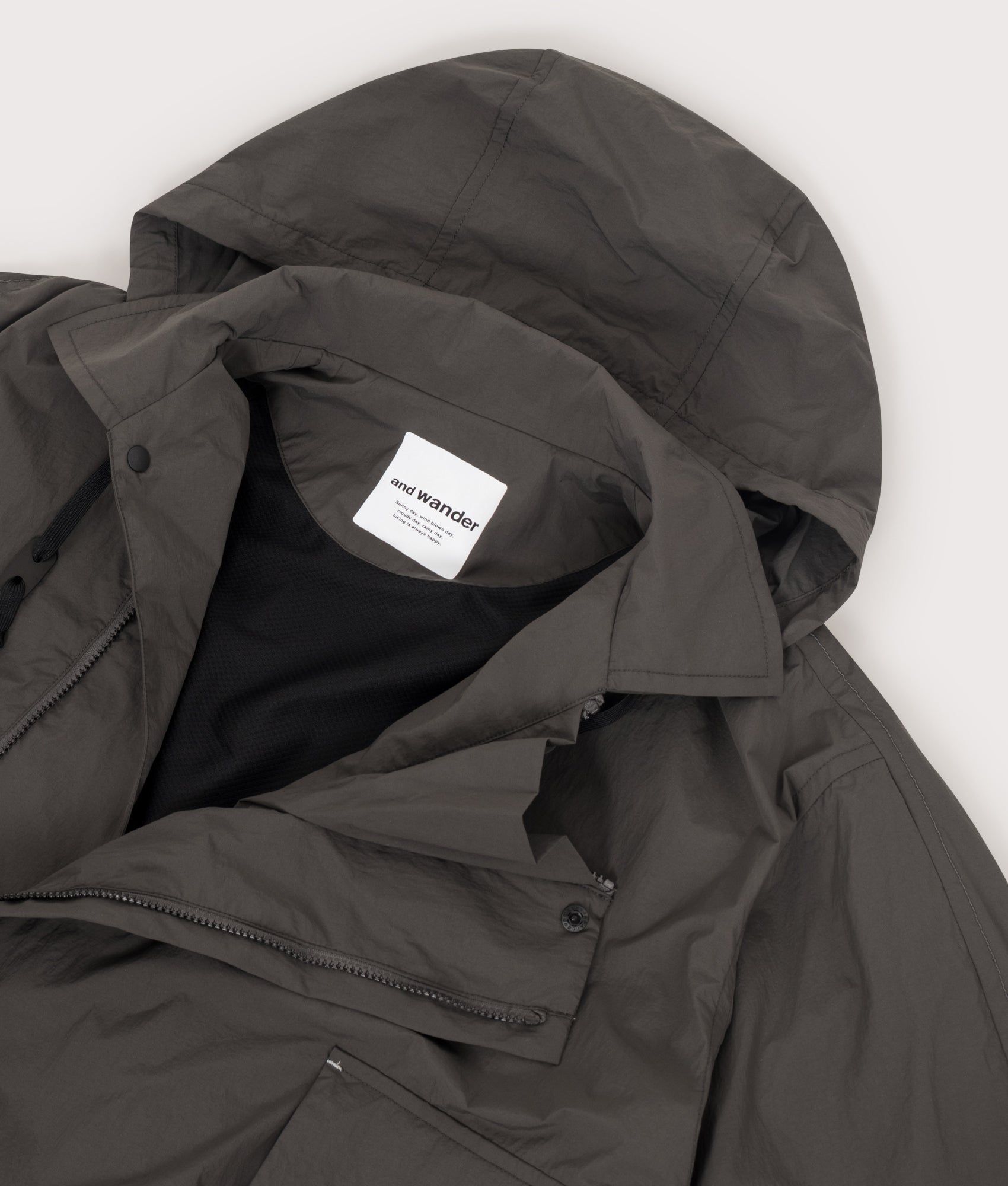 and wander Water Repellant Light Jacket 2 in Charcoal at EQVVS Menswear. Detail shot 2.