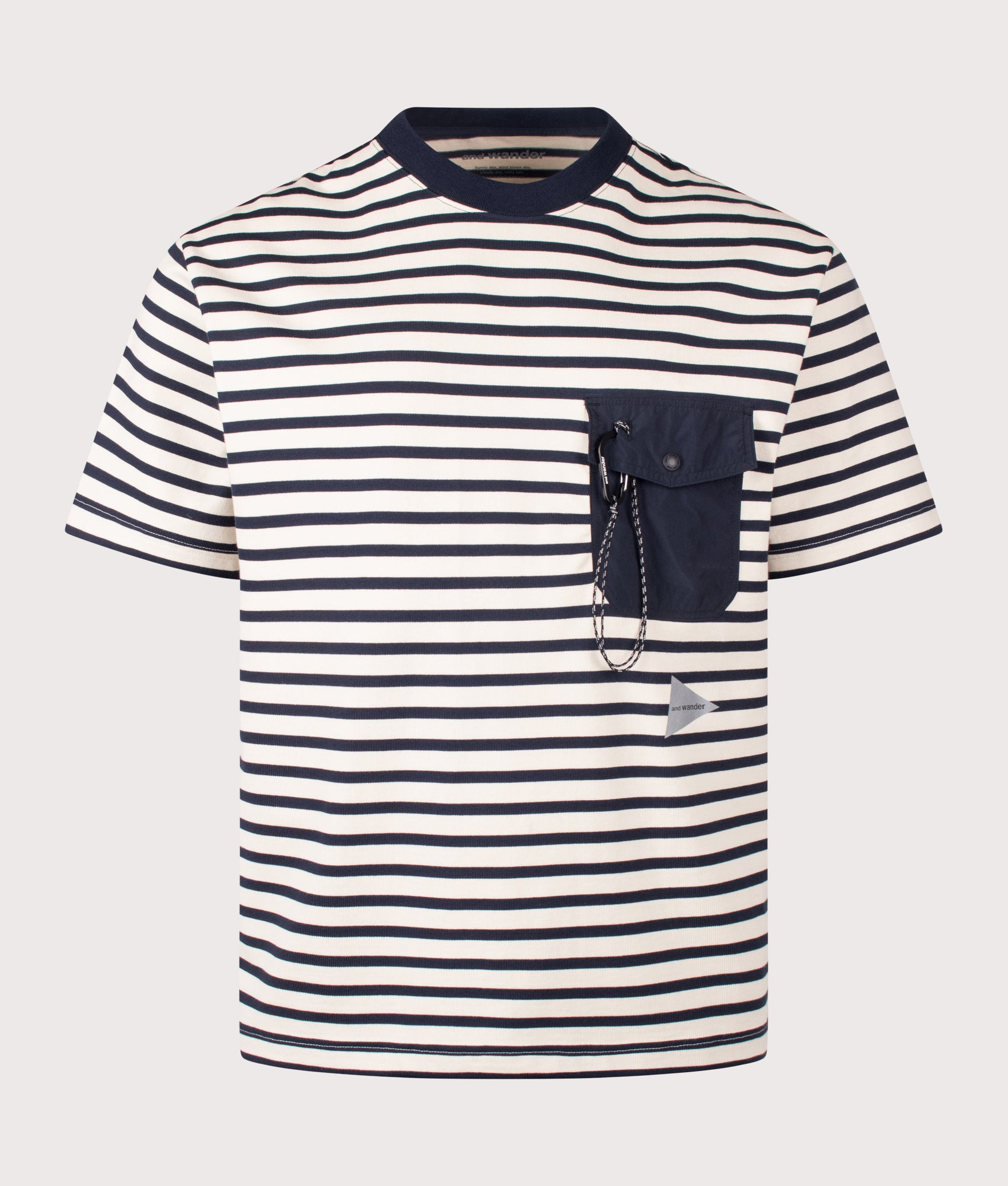 Stripe Pocket T-Shirt in Navy by and wander. Shot by EQVVS. Front shot.