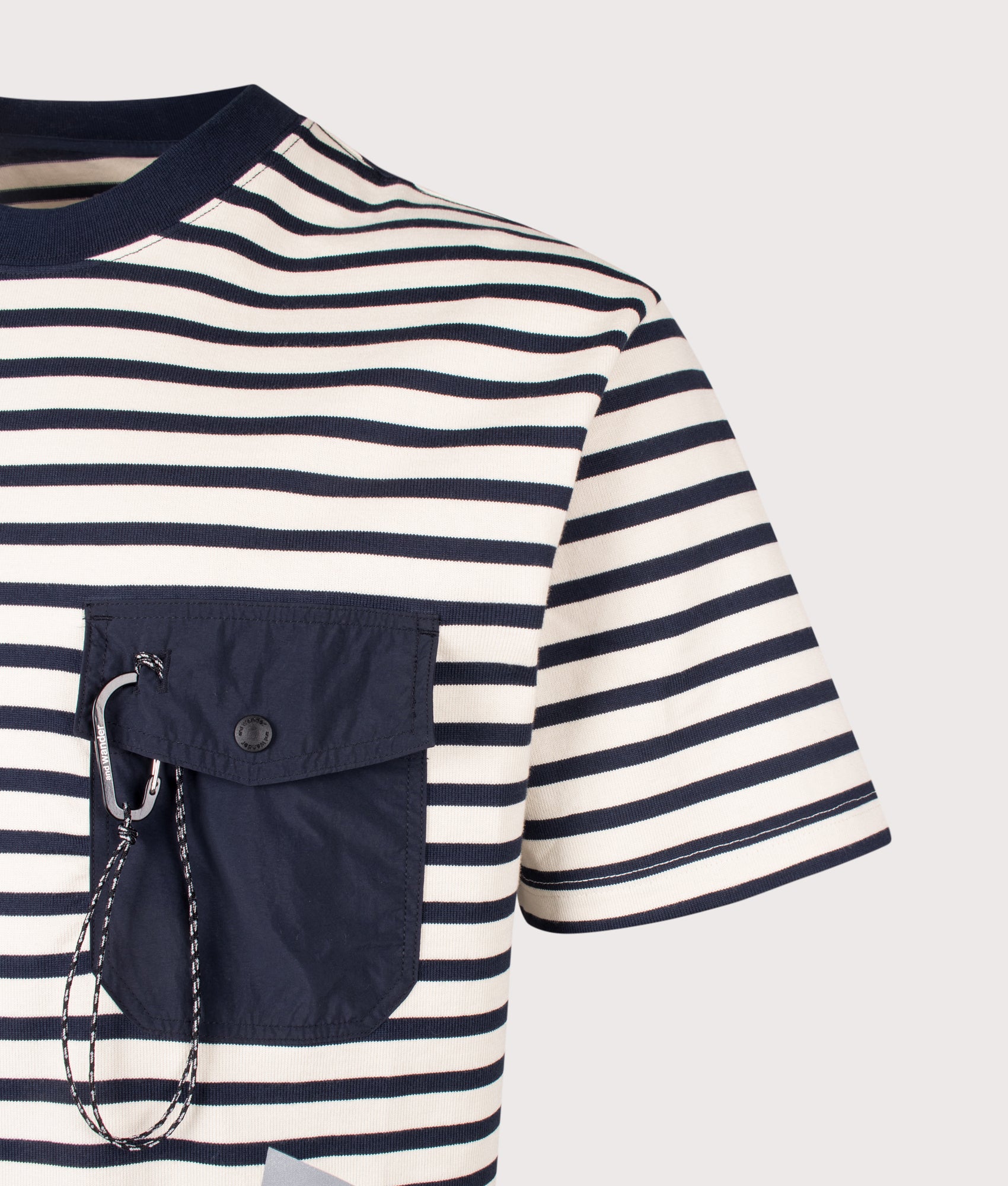 Stripe Pocket T-Shirt in Navy by and wander. Shot by EQVVS. Detail shot.