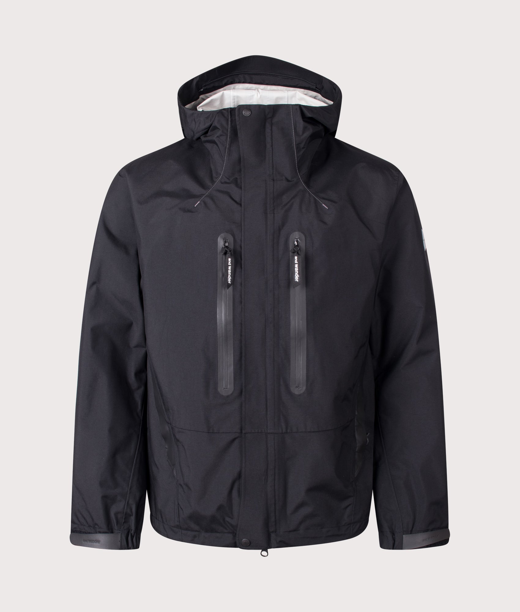 2.5L Hiker Rain Jacket in Black by and wander. Shot by EQVVS. Front shot.