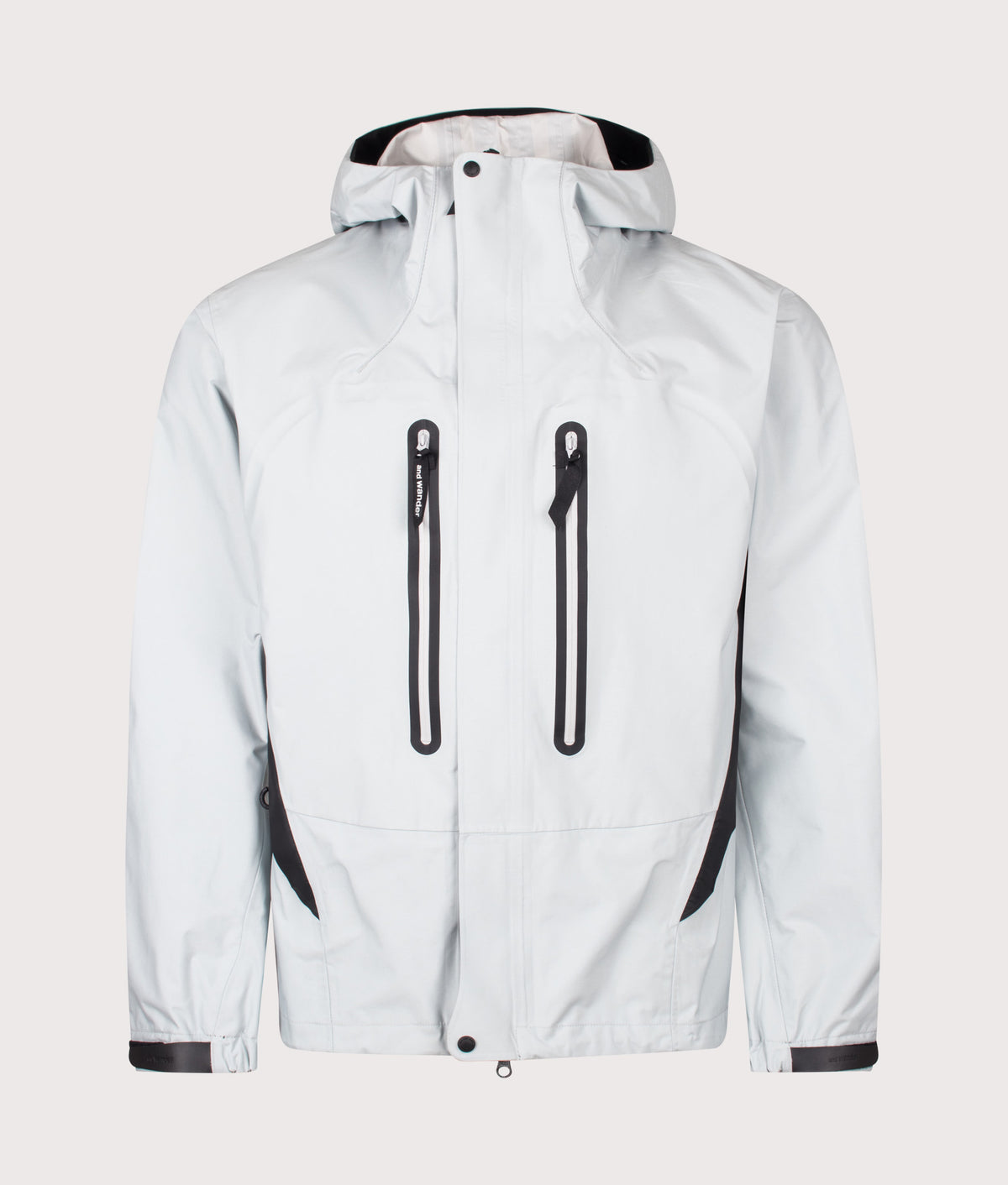 and wander 2.5L Hiker Rain Jacket in Light Gray at EQVVS Menswear. Front shot.