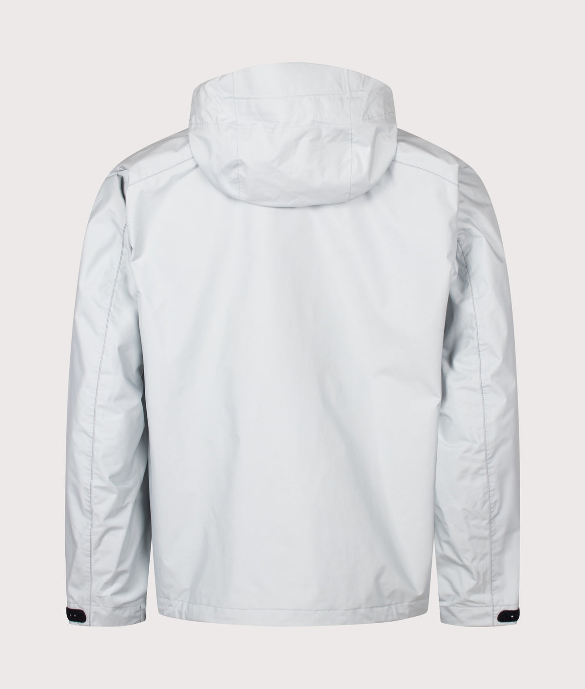 and wander 2.5L Hiker Rain Jacket in Light Gray at EQVVS Menswear. Back shot.